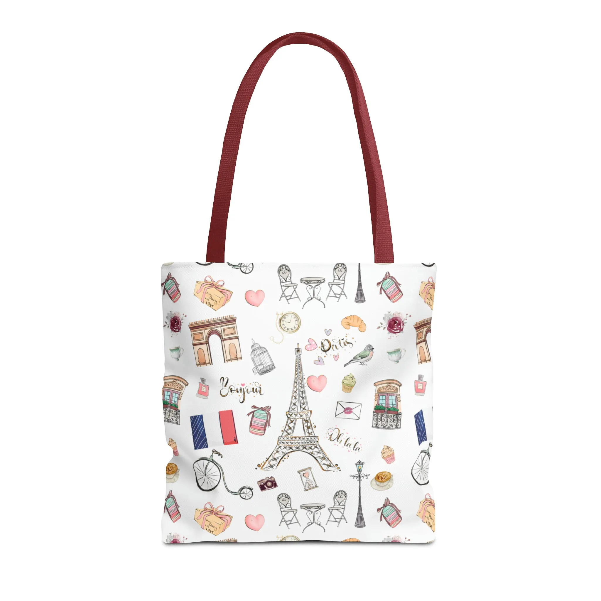 France Travel Adventures  | Chic Parisian Tote Bag: Eiffel Tower, Bistros, Macaroons & More! Perfect for Stylish Travelers! AOP