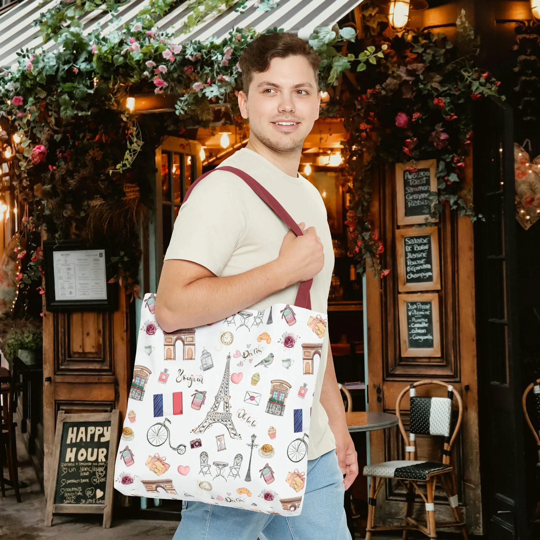 France Travel Adventures  | Chic Parisian Tote Bag: Eiffel Tower, Bistros, Macaroons & More! Perfect for Stylish Travelers! AOP