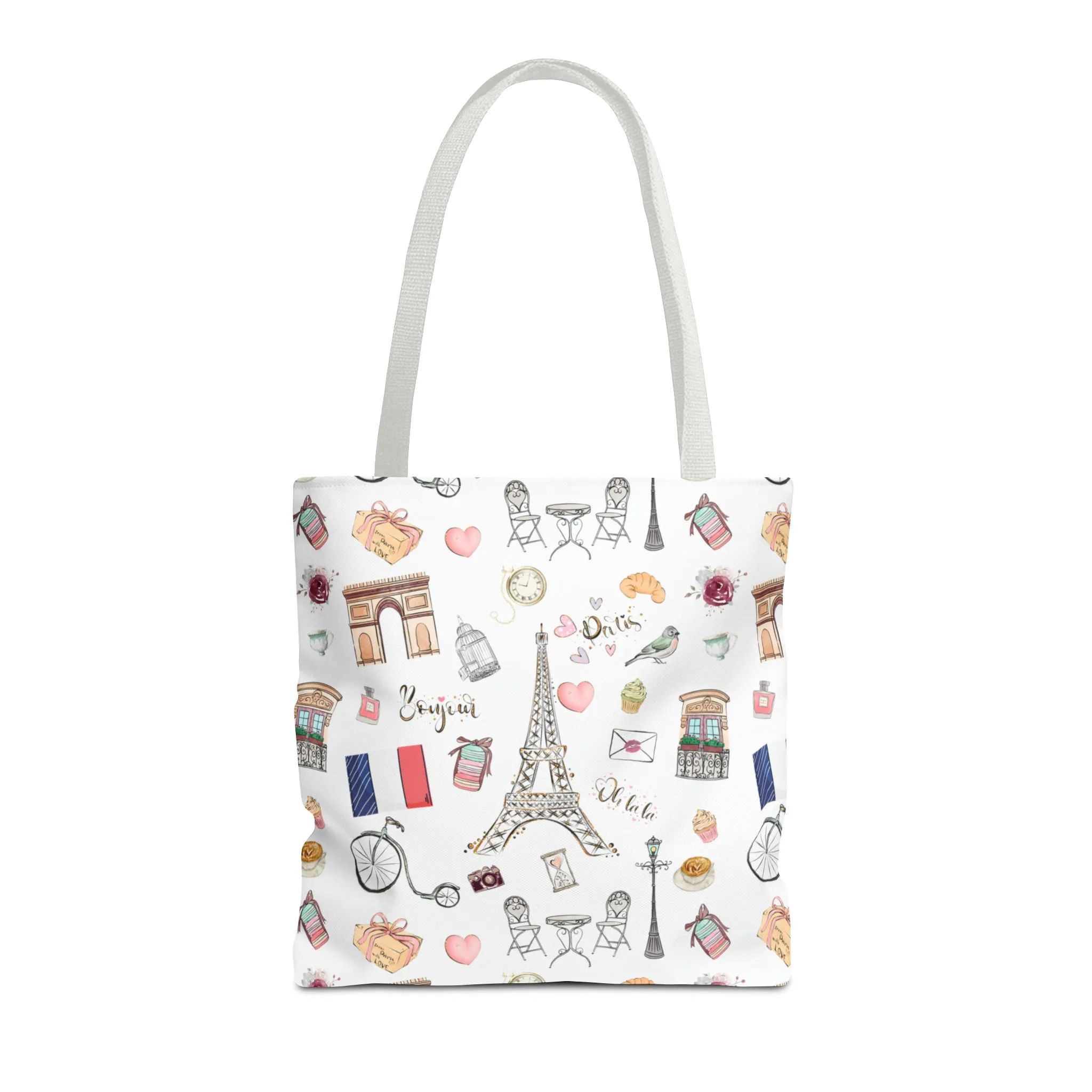 France Travel Adventures  | Chic Parisian Tote Bag: Eiffel Tower, Bistros, Macaroons & More! Perfect for Stylish Travelers! AOP