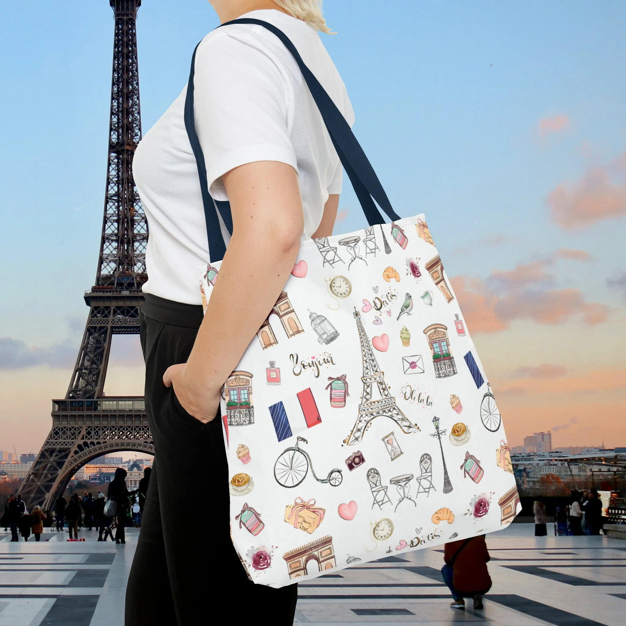 France Travel Adventures  | Chic Parisian Tote Bag: Eiffel Tower, Bistros, Macaroons & More! Perfect for Stylish Travelers! AOP