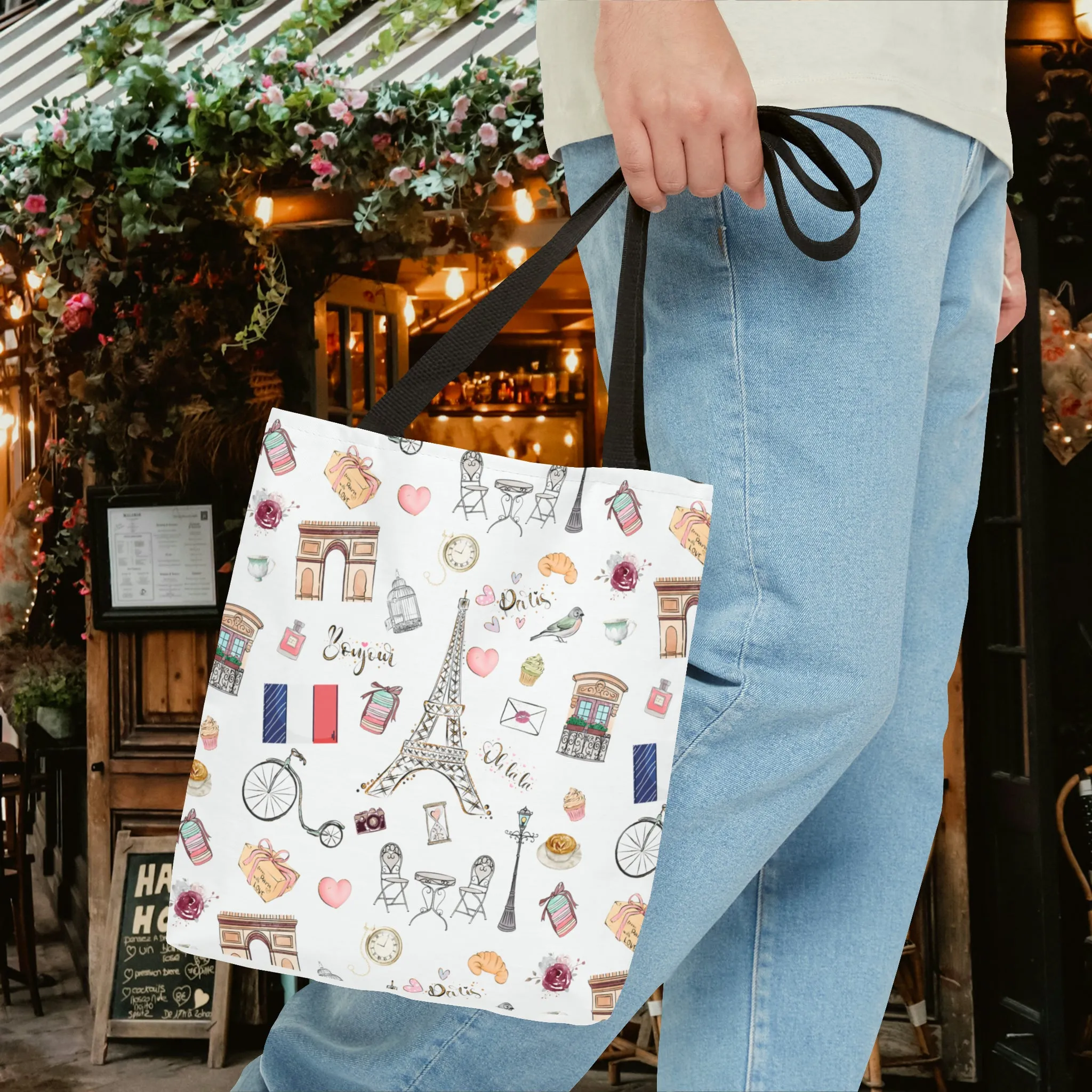 France Travel Adventures  | Chic Parisian Tote Bag: Eiffel Tower, Bistros, Macaroons & More! Perfect for Stylish Travelers! AOP