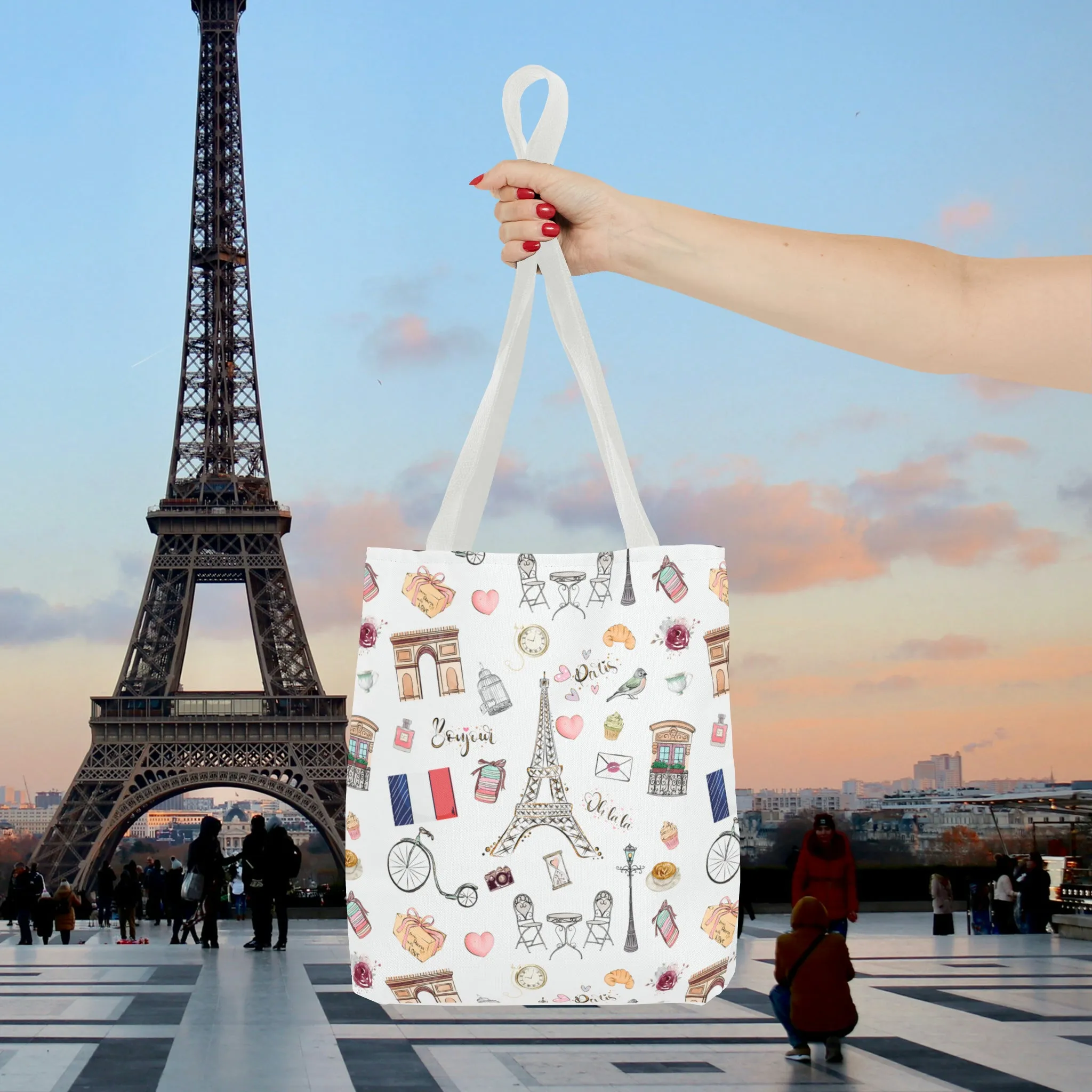 France Travel Adventures  | Chic Parisian Tote Bag: Eiffel Tower, Bistros, Macaroons & More! Perfect for Stylish Travelers! AOP