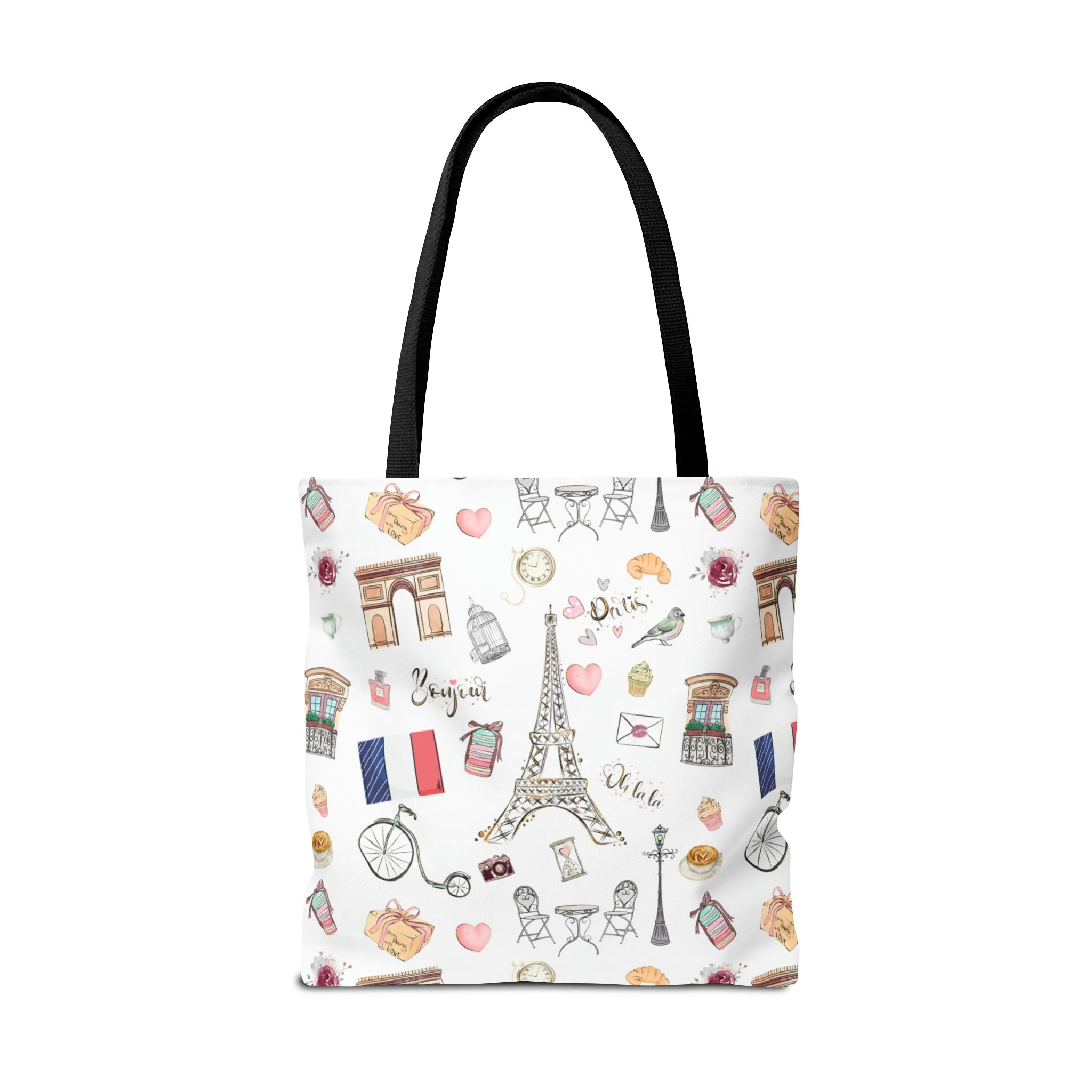 France Travel Adventures  | Chic Parisian Tote Bag: Eiffel Tower, Bistros, Macaroons & More! Perfect for Stylish Travelers! AOP