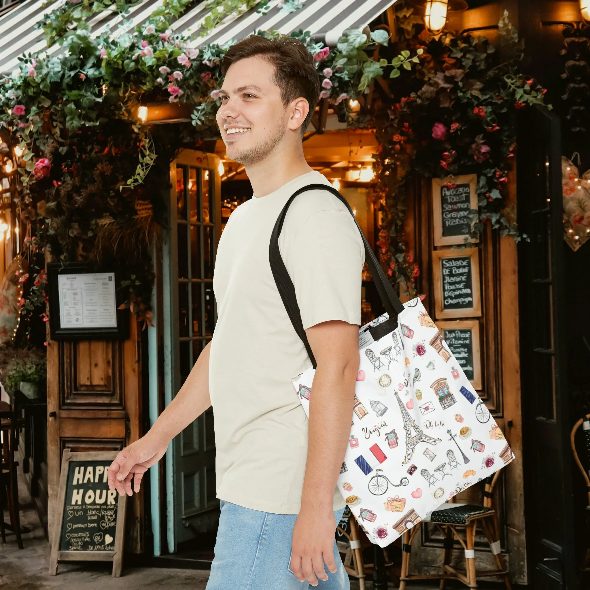 France Travel Adventures  | Chic Parisian Tote Bag: Eiffel Tower, Bistros, Macaroons & More! Perfect for Stylish Travelers! AOP