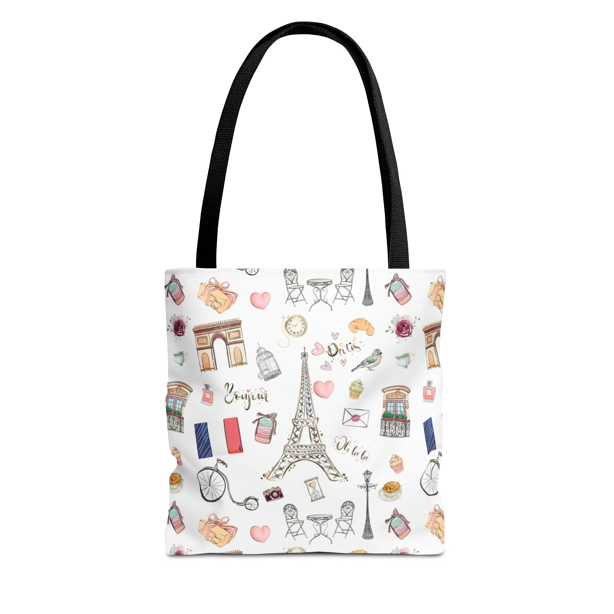France Travel Adventures  | Chic Parisian Tote Bag: Eiffel Tower, Bistros, Macaroons & More! Perfect for Stylish Travelers! AOP
