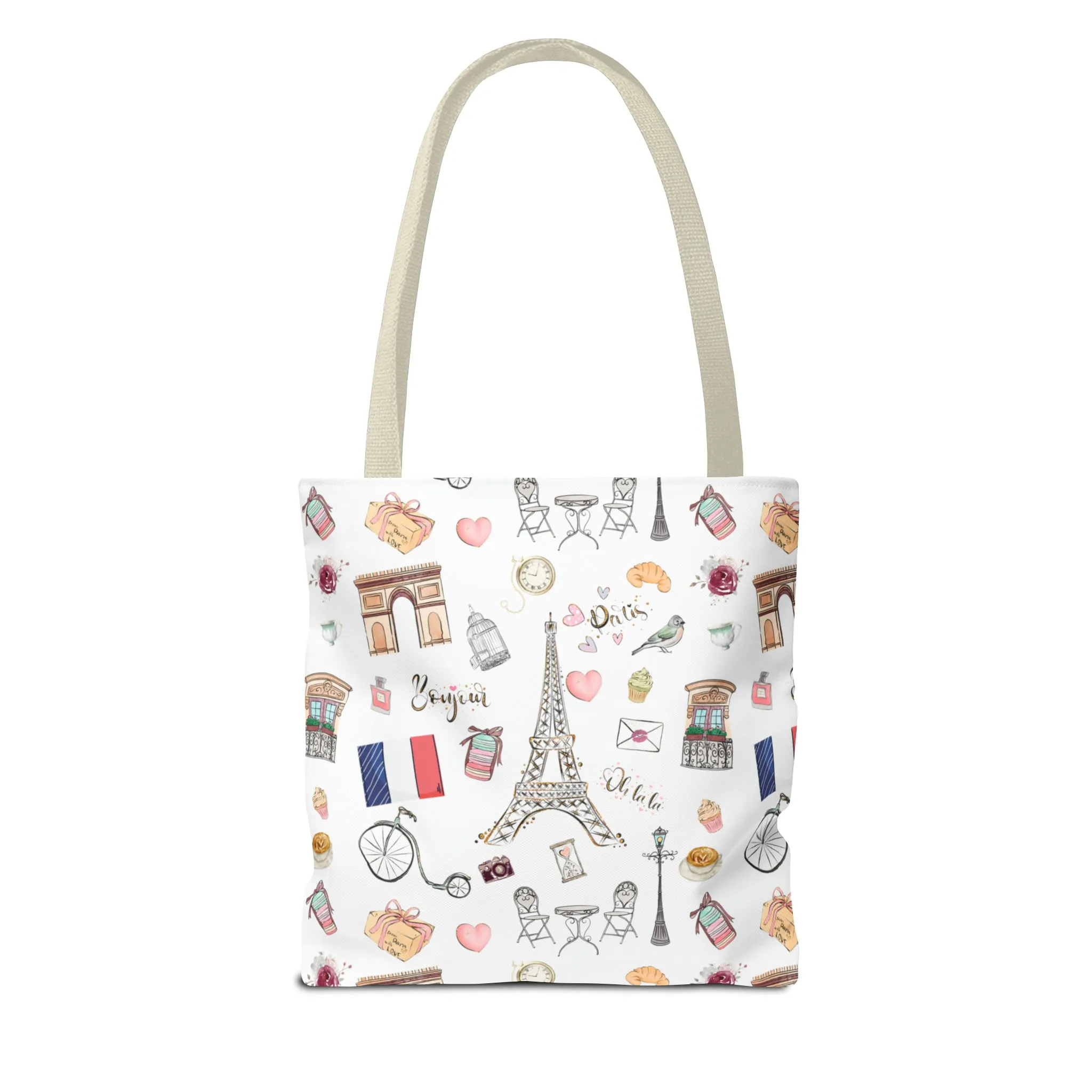 France Travel Adventures  | Chic Parisian Tote Bag: Eiffel Tower, Bistros, Macaroons & More! Perfect for Stylish Travelers! AOP