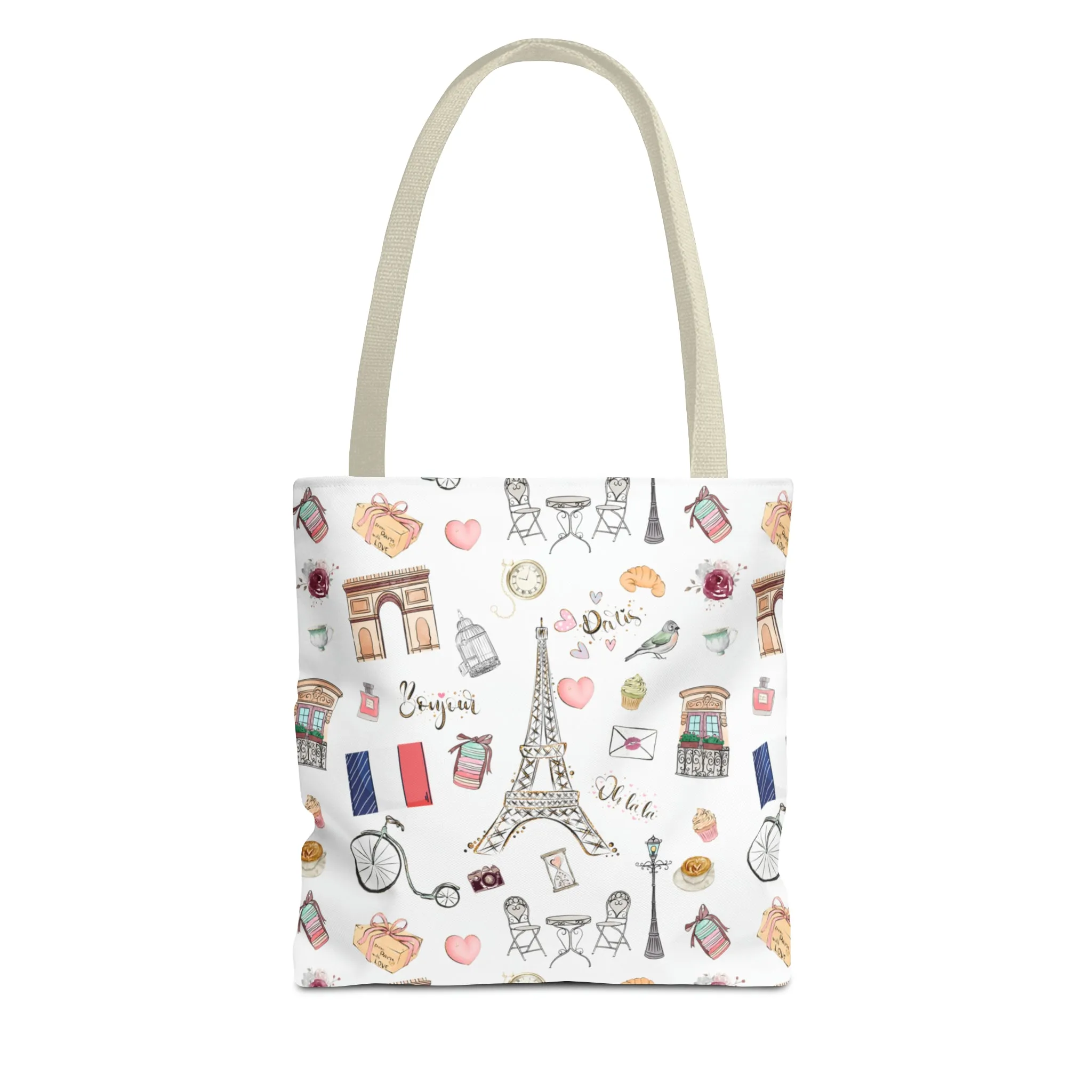 France Travel Adventures  | Chic Parisian Tote Bag: Eiffel Tower, Bistros, Macaroons & More! Perfect for Stylish Travelers! AOP