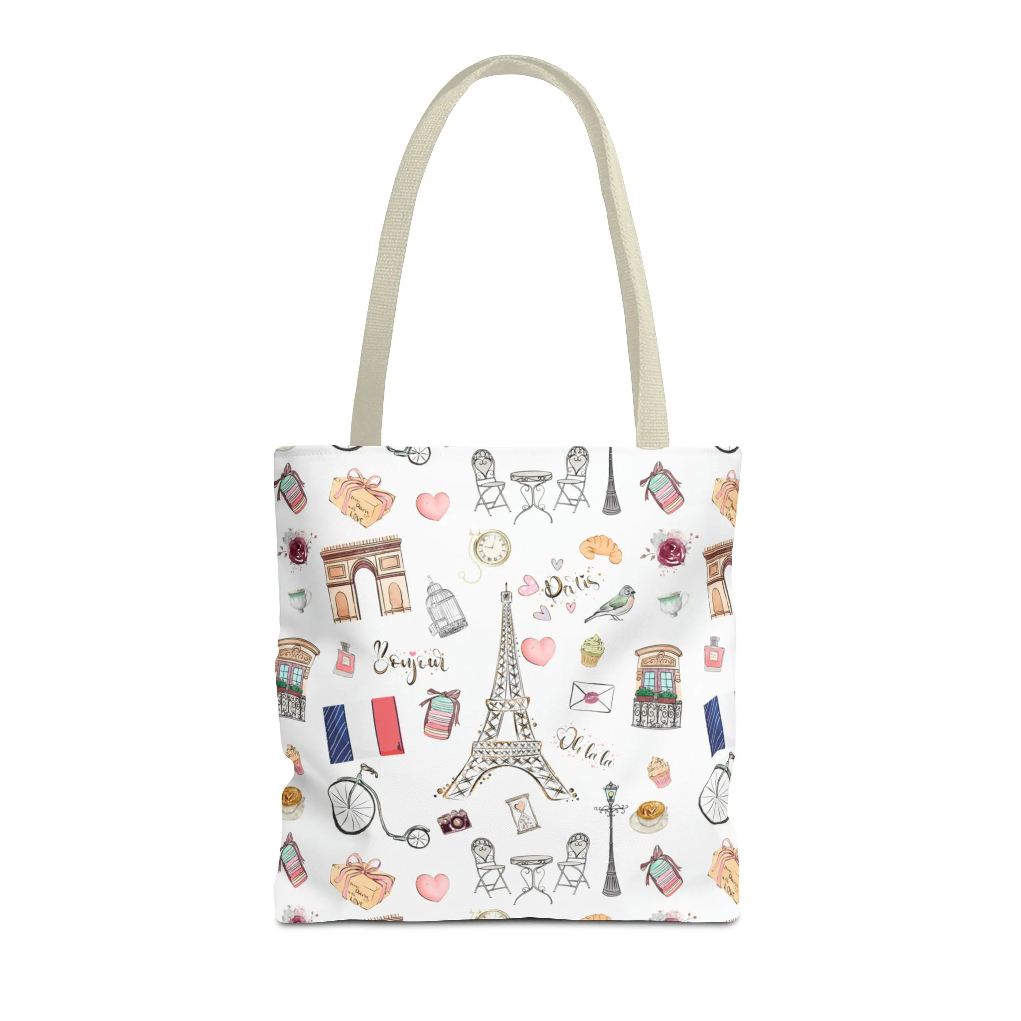 France Travel Adventures  | Chic Parisian Tote Bag: Eiffel Tower, Bistros, Macaroons & More! Perfect for Stylish Travelers! AOP