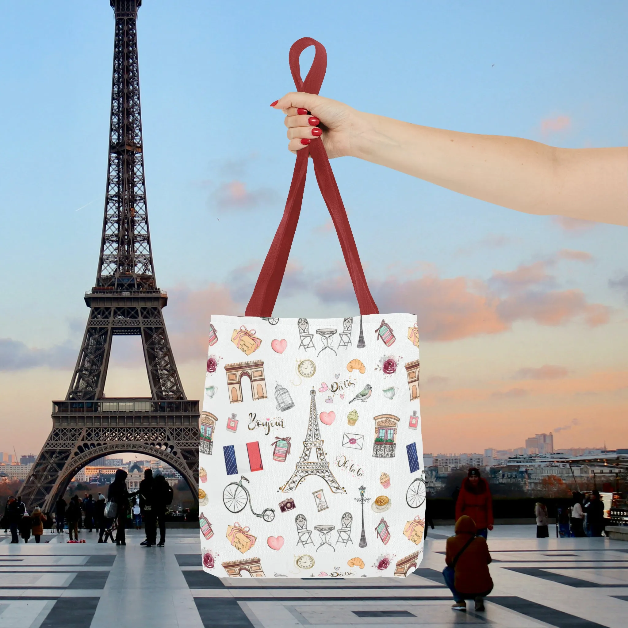 France Travel Adventures  | Chic Parisian Tote Bag: Eiffel Tower, Bistros, Macaroons & More! Perfect for Stylish Travelers! AOP