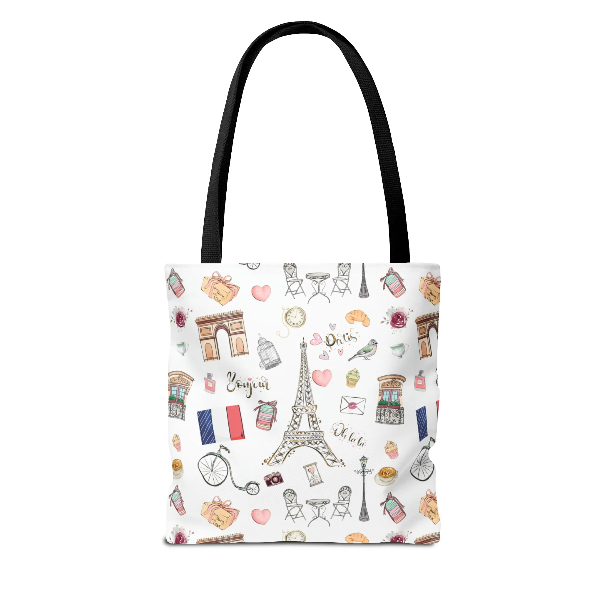 France Travel Adventures  | Chic Parisian Tote Bag: Eiffel Tower, Bistros, Macaroons & More! Perfect for Stylish Travelers! AOP