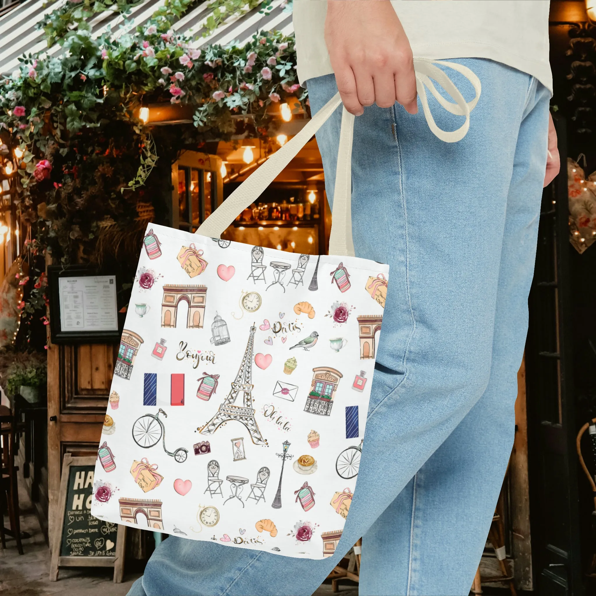 France Travel Adventures  | Chic Parisian Tote Bag: Eiffel Tower, Bistros, Macaroons & More! Perfect for Stylish Travelers! AOP