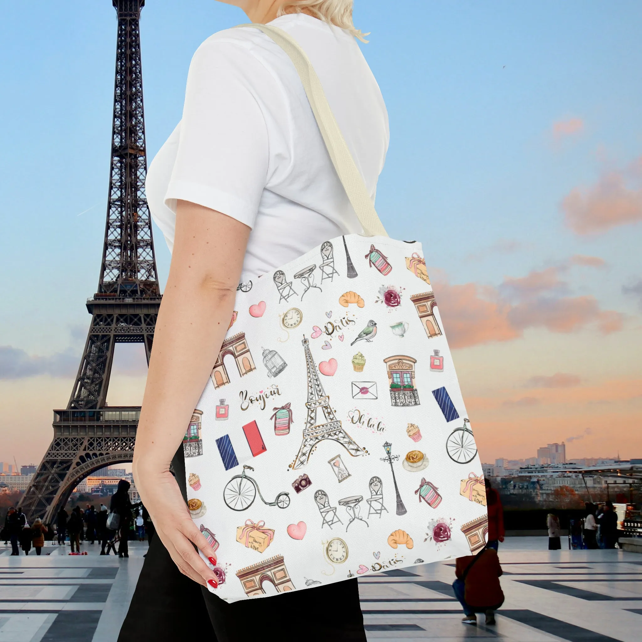 France Travel Adventures  | Chic Parisian Tote Bag: Eiffel Tower, Bistros, Macaroons & More! Perfect for Stylish Travelers! AOP