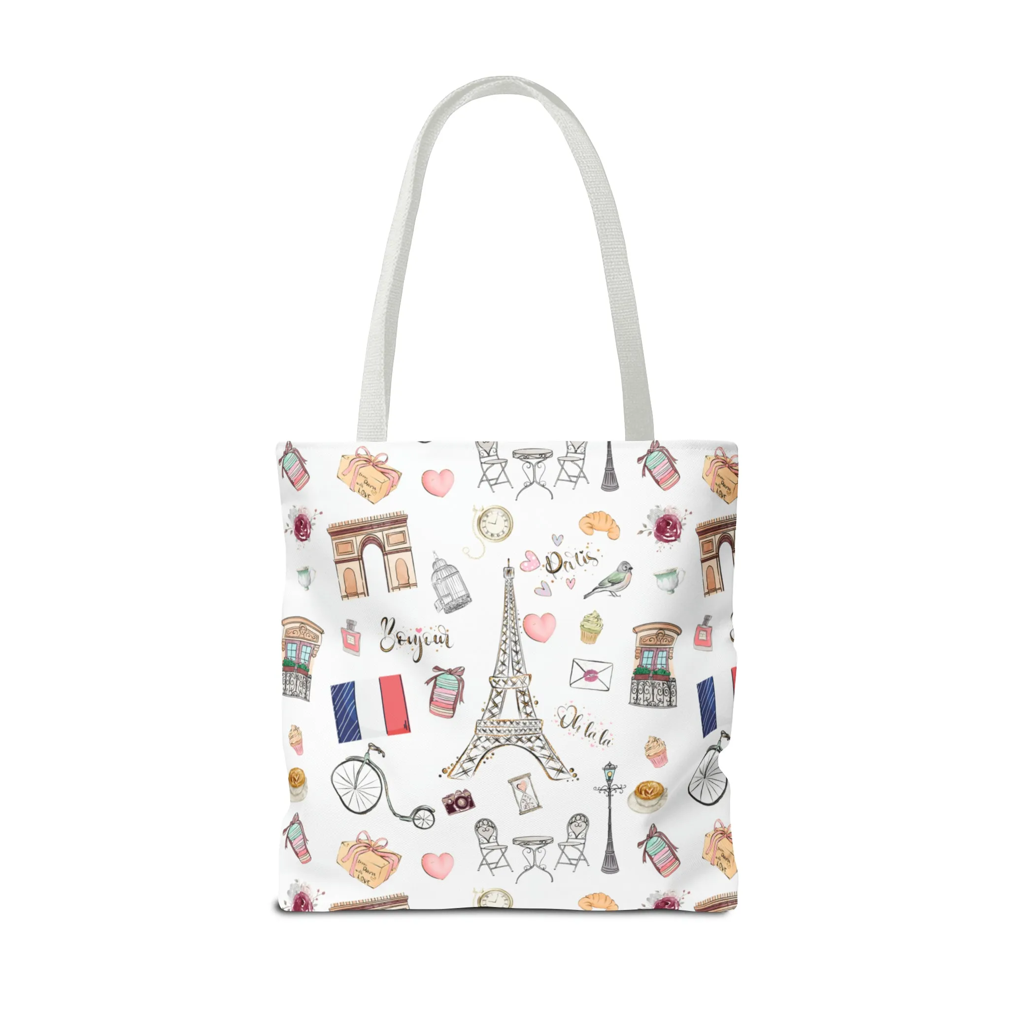 France Travel Adventures  | Chic Parisian Tote Bag: Eiffel Tower, Bistros, Macaroons & More! Perfect for Stylish Travelers! AOP