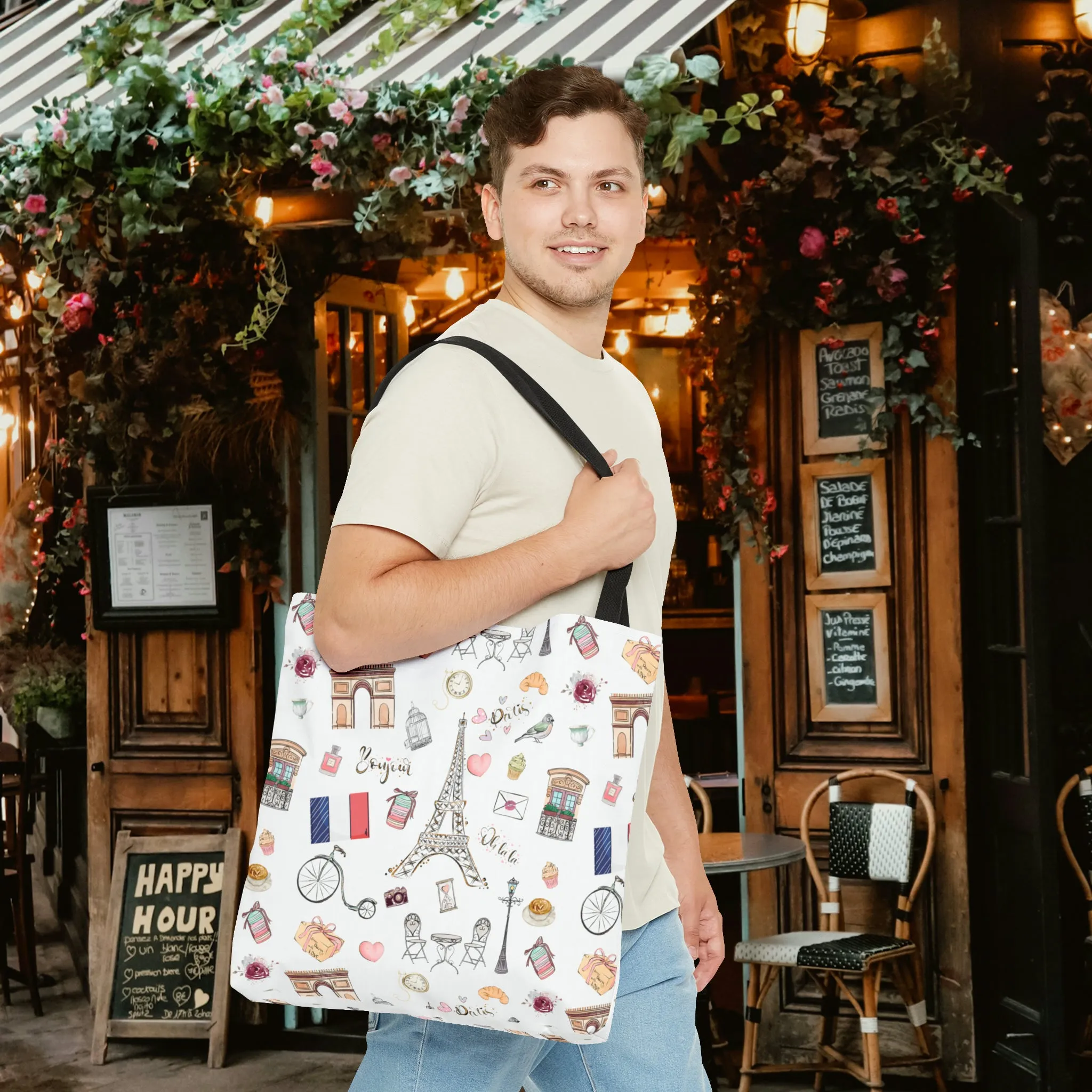 France Travel Adventures  | Chic Parisian Tote Bag: Eiffel Tower, Bistros, Macaroons & More! Perfect for Stylish Travelers! AOP