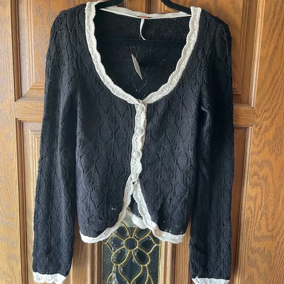 Free People Adelene Cardigan, Black Cream Combo, Large, NWT