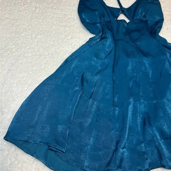 Free People Women Blue Good Catch Mini Slip Dress Satin Cut Out