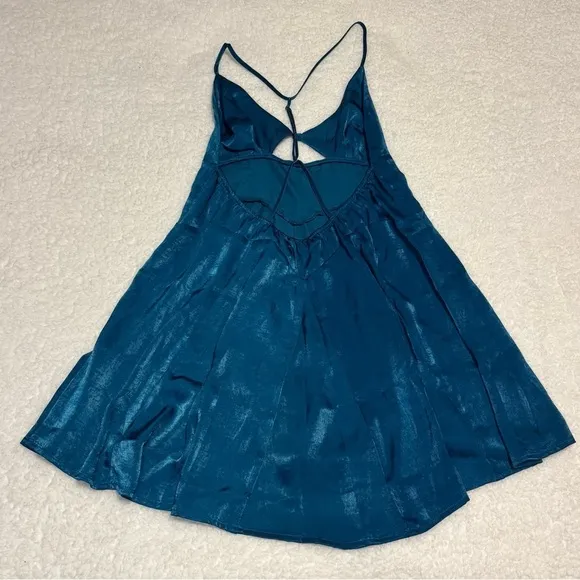 Free People Women Blue Good Catch Mini Slip Dress Satin Cut Out