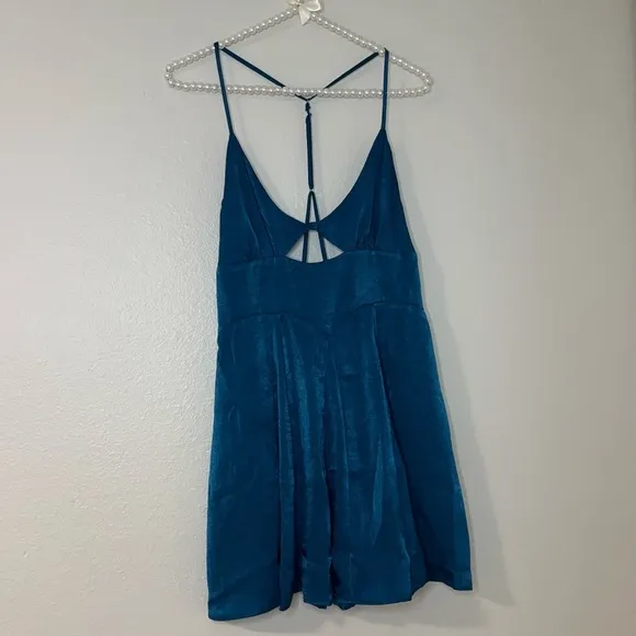 Free People Women Blue Good Catch Mini Slip Dress Satin Cut Out