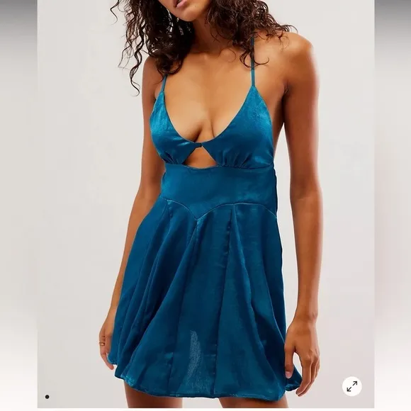 Free People Women Blue Good Catch Mini Slip Dress Satin Cut Out