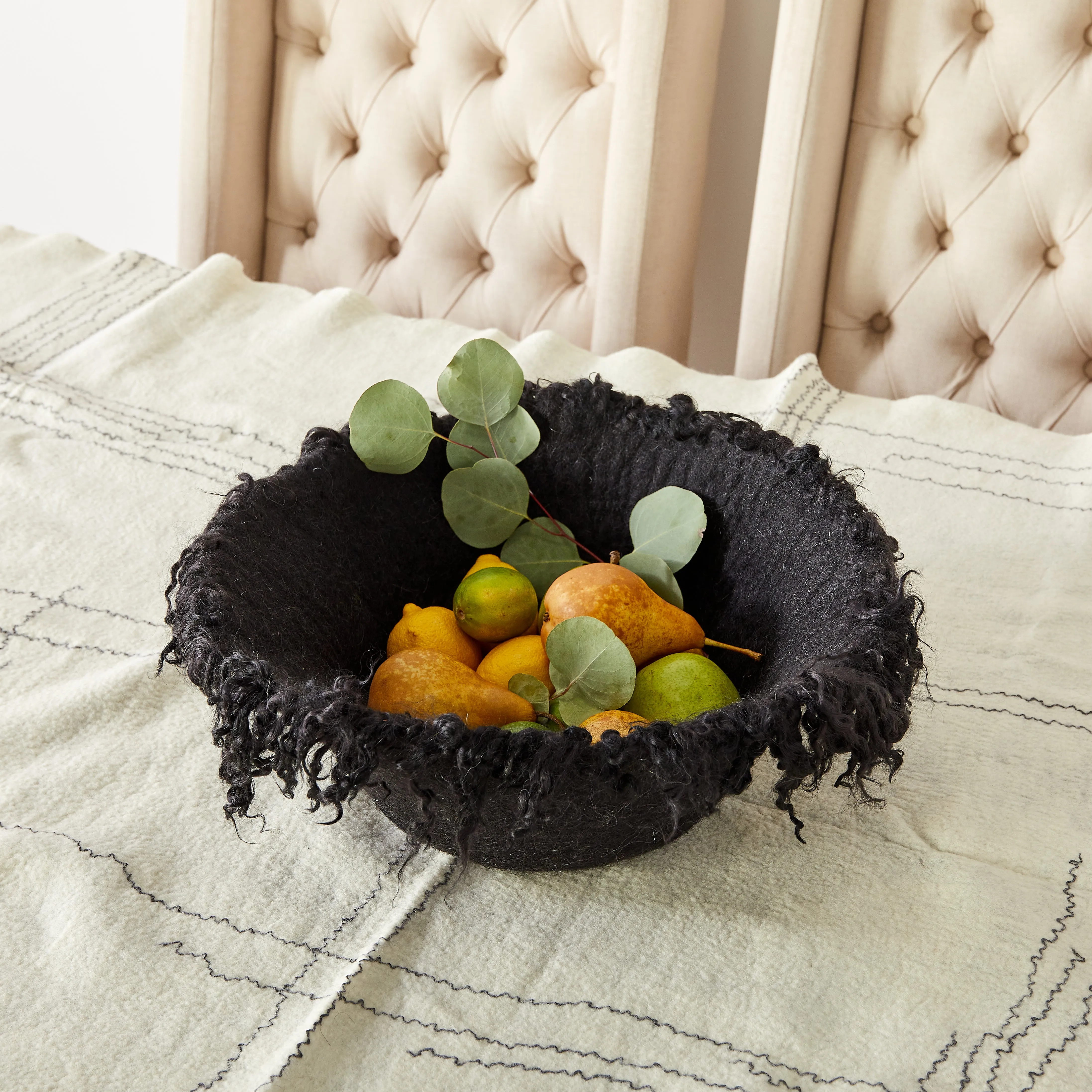 Fringed Skirt Black Decorative Karakul Wool and Mohair Bowl