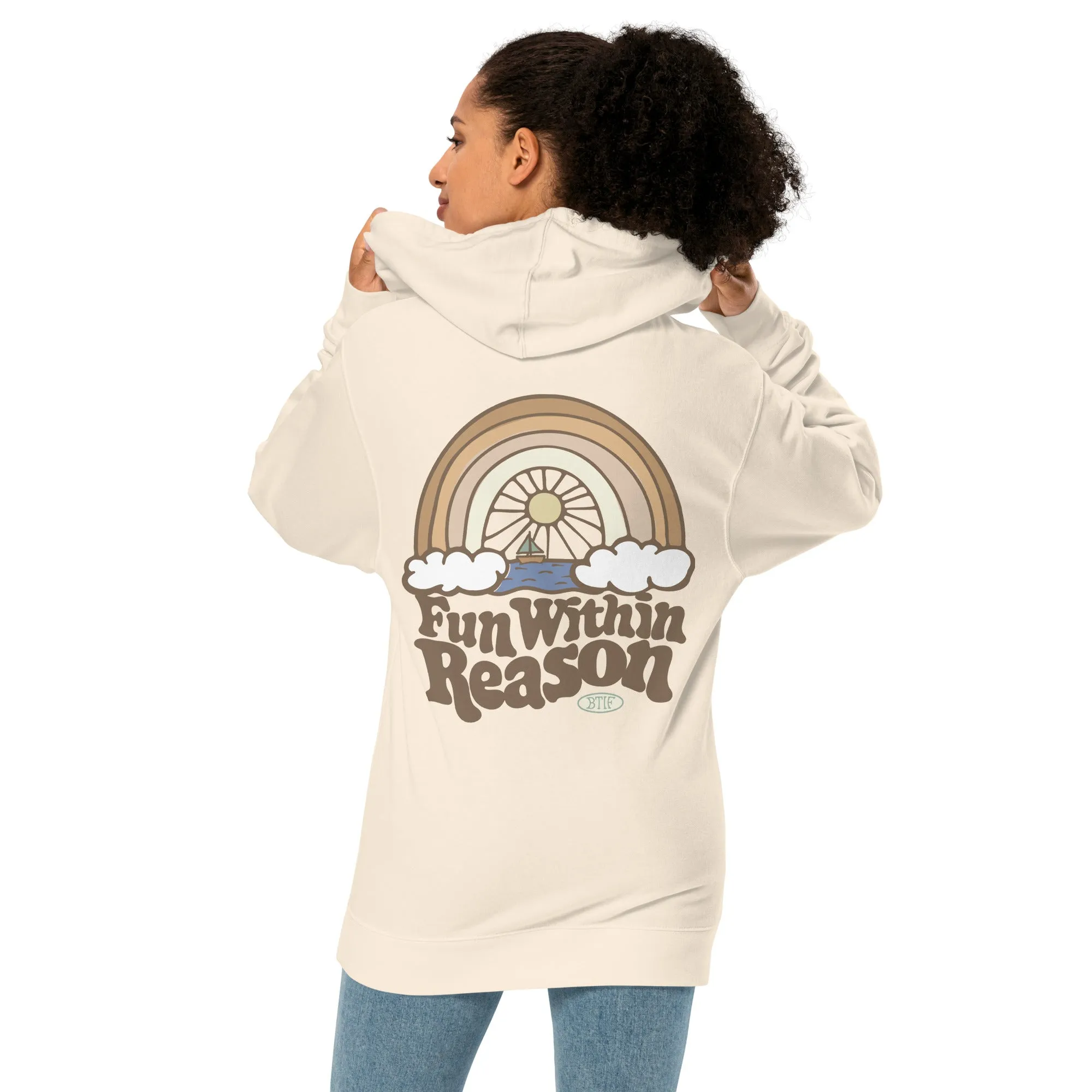 Fun Within Reason Unisex midweight hoodie with Heart Logo on front by Be There in Five