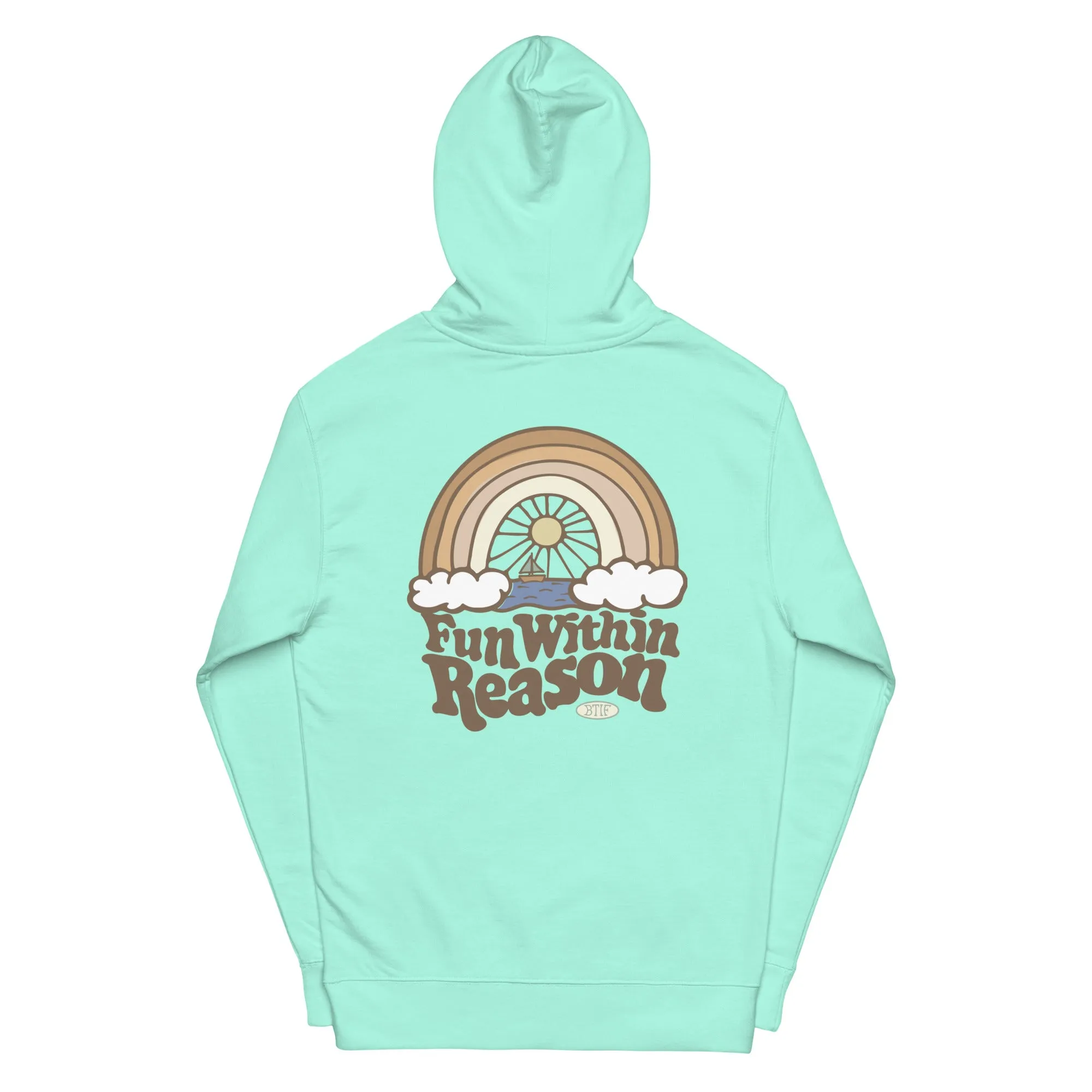 Fun Within Reason Unisex midweight hoodie with Heart Logo on front by Be There in Five