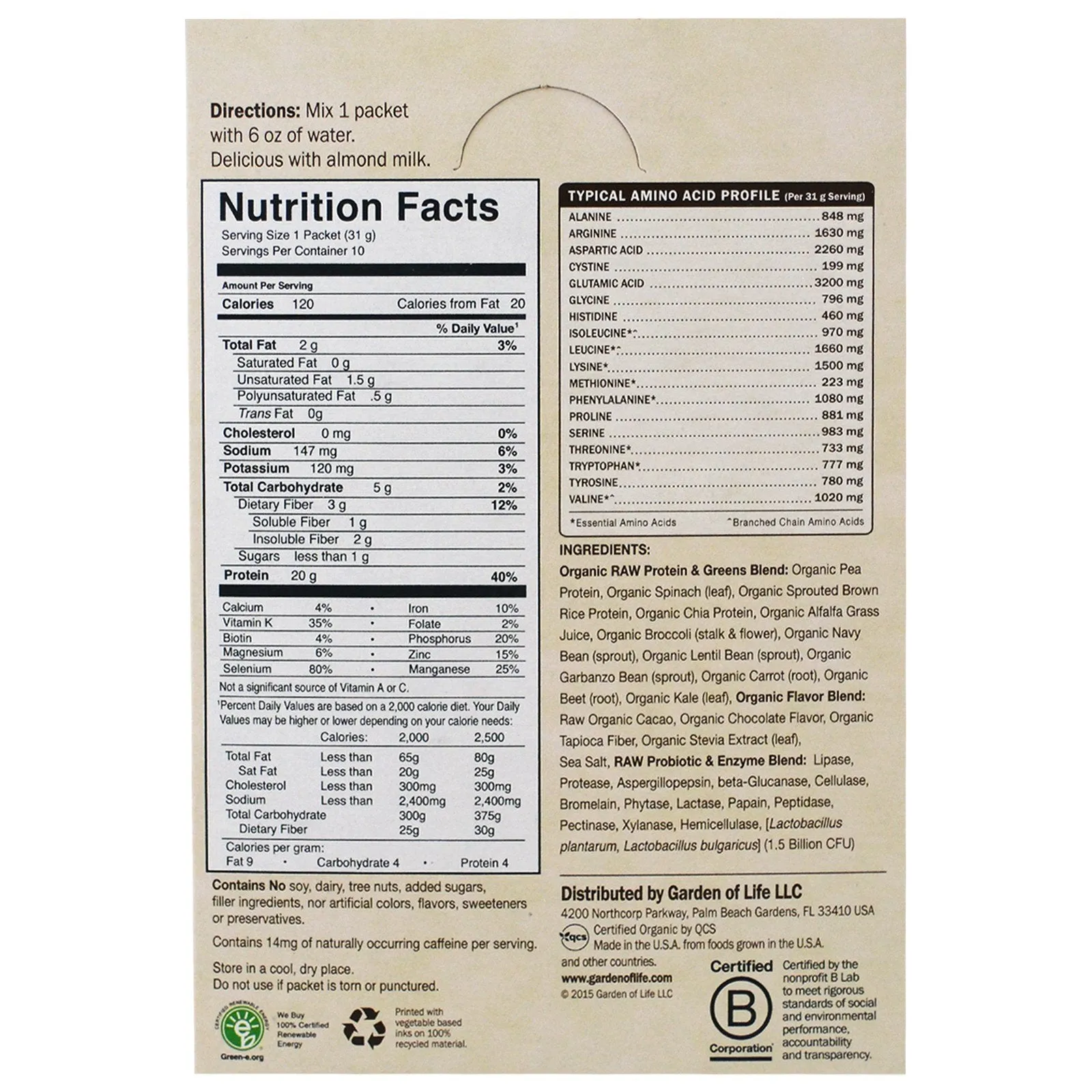Garden of Life RAW Protein & Greens Organic Plant Formula Vanilla (550 g) EXP Sep 2025