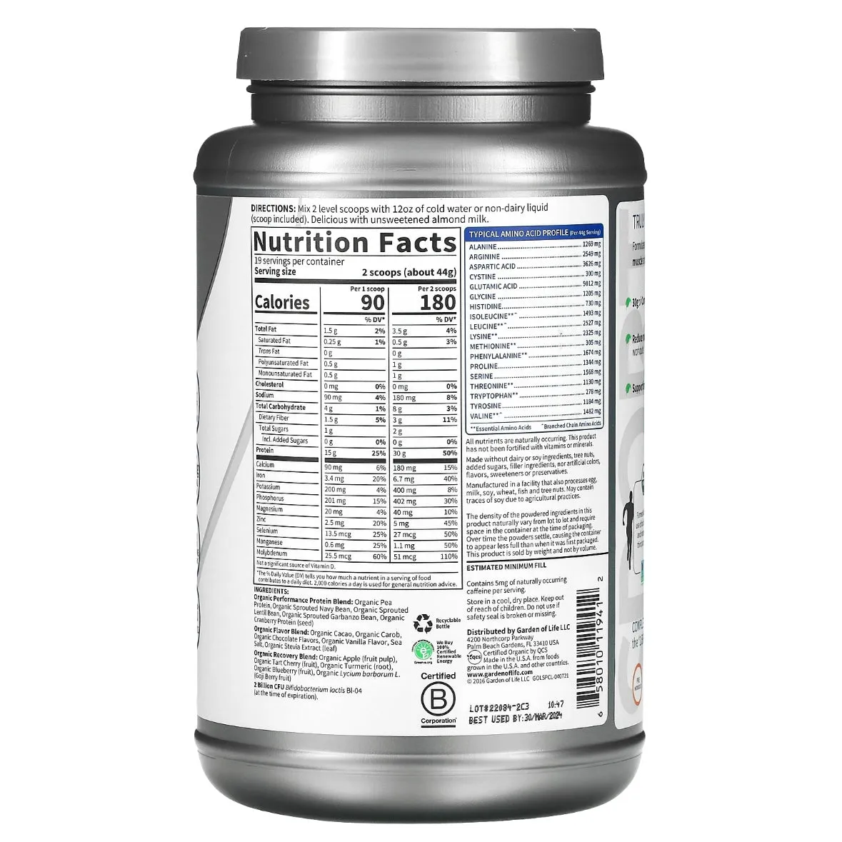 Garden of Life, Sport Organic Plant-Based Protein Chocolate 29.6 oz (840 g) Exp May 1 2026