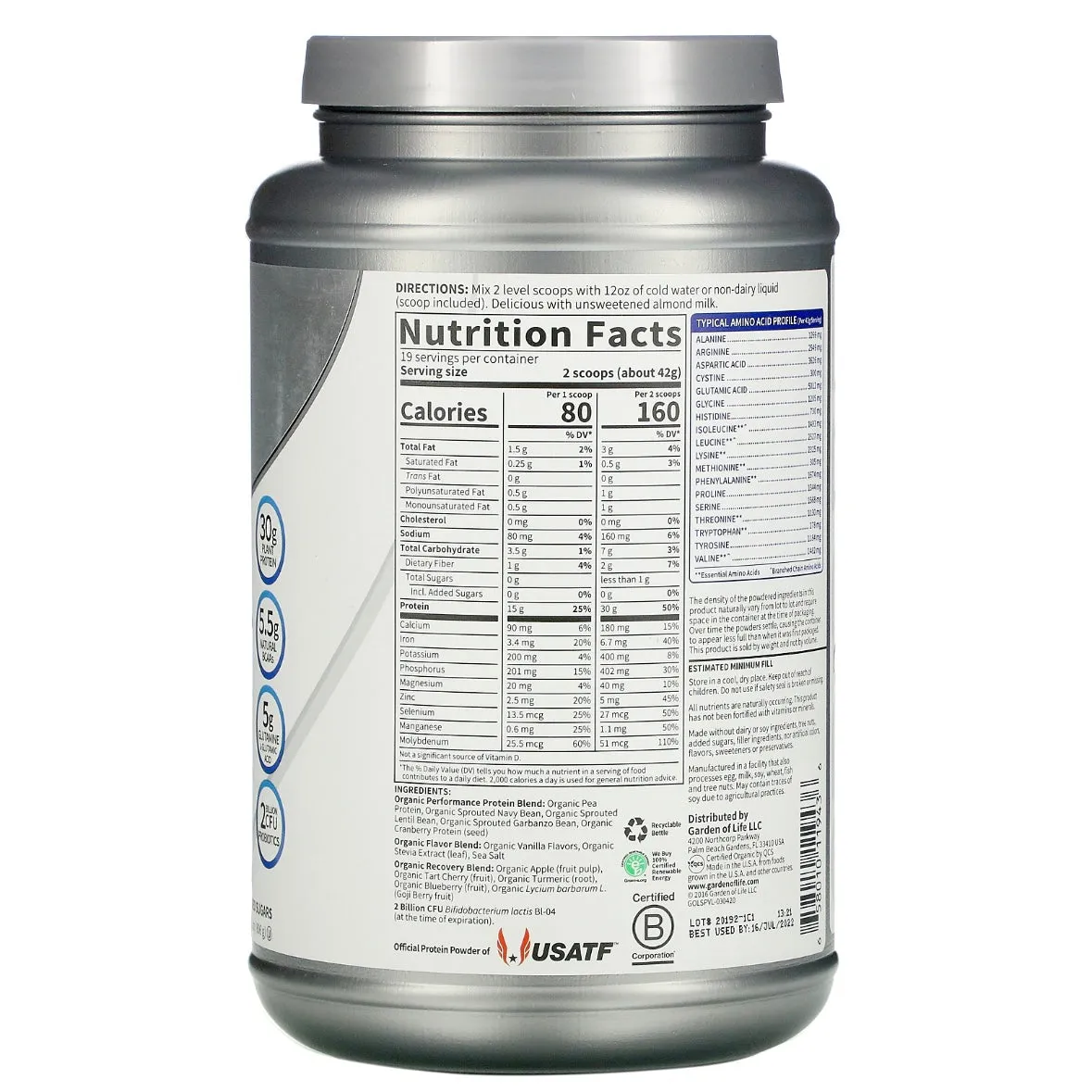 Garden of Life, Sport Organic Plant-Based Protein Vanilla 1 lb 12 oz (806 g) Exp Dec 2025