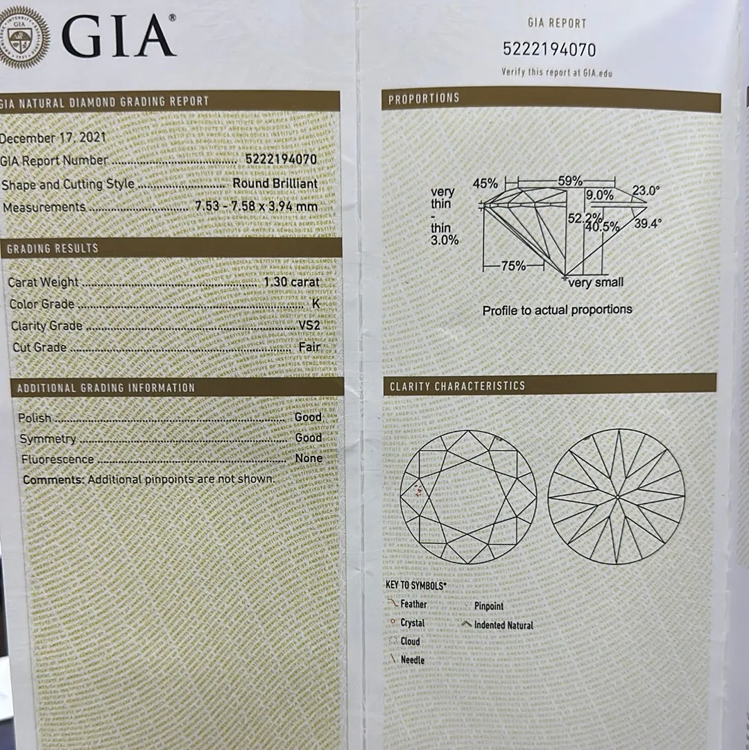 GIA certified loose round diamond. Measuring 1.30cts K in color VS2 in clarity.