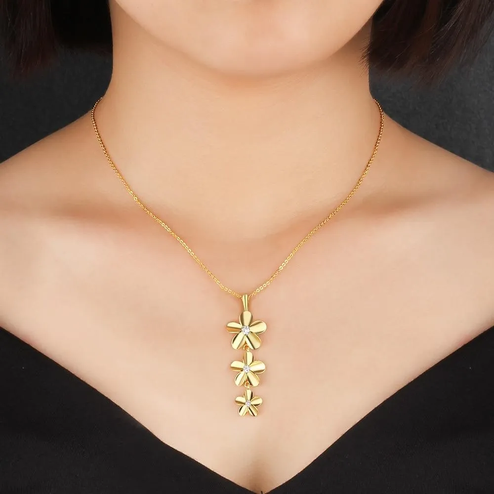 Gold Color Necklace with Triple Flower Zirconia Pendant for Women, Gift Jewelry for Mother