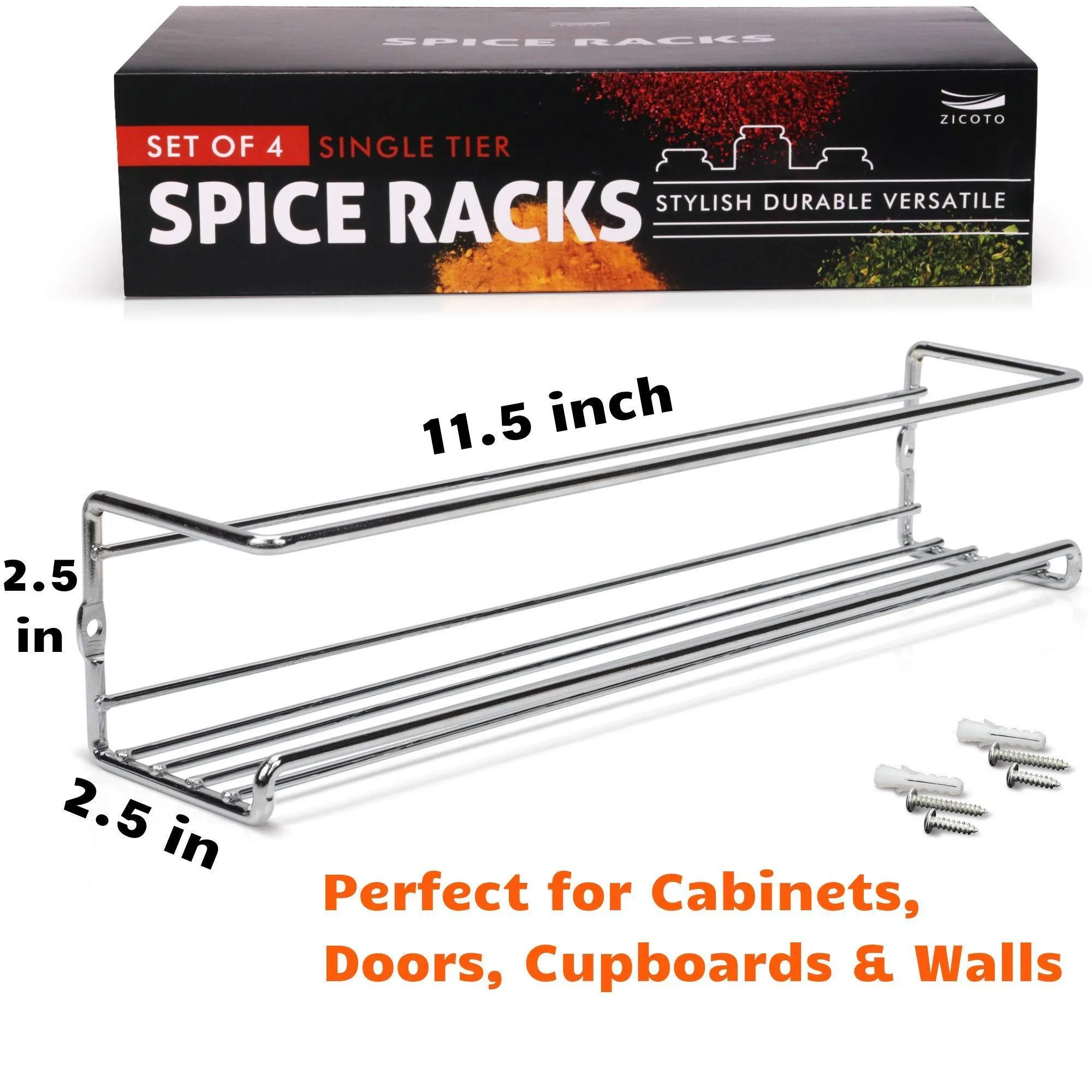 Gorgeous Spice Rack Organizer for Cabinets or Wall Mounts - Space Saving Set of 4 Hanging Racks - Perfect Seasoning Organizer For Your Kitchen Cabinet, Cupboard or Pantry Door