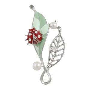 Green Leaf with Red Ladybug Brooch Pin - PRL162