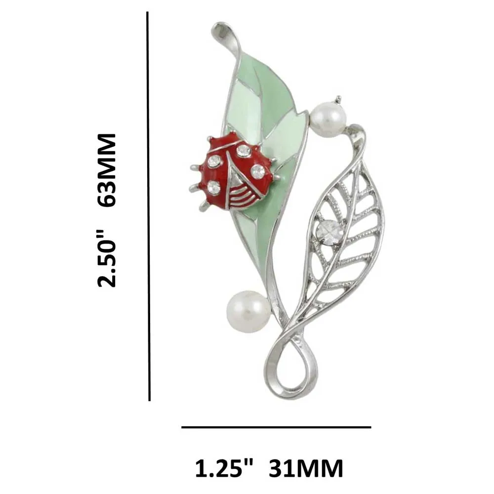 Green Leaf with Red Ladybug Brooch Pin - PRL162