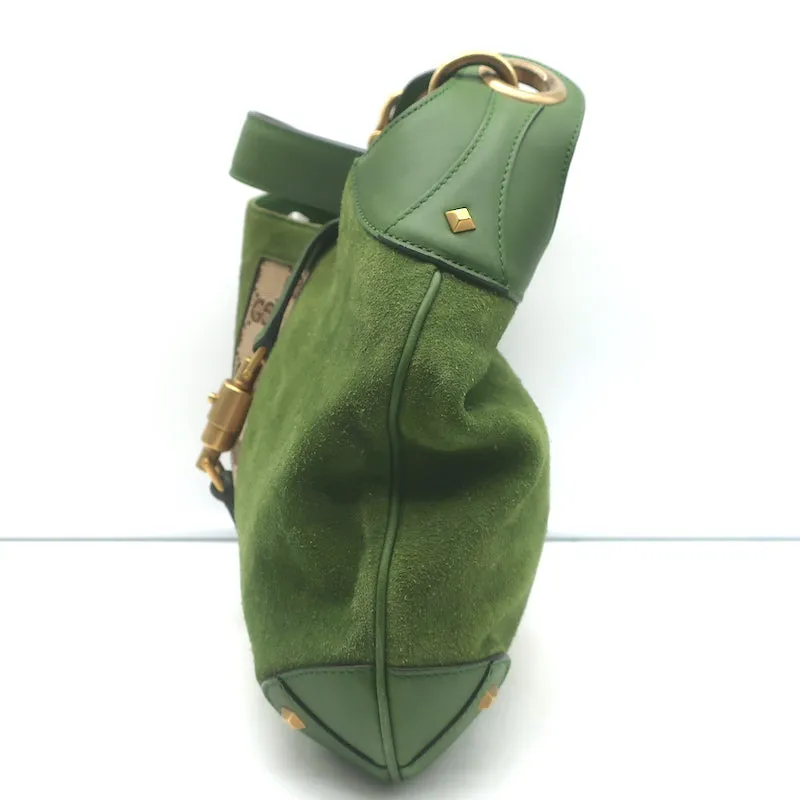 Gucci Jackie Nailhead Hobo Green Suede and GG Canvas Small Shoulder Bag