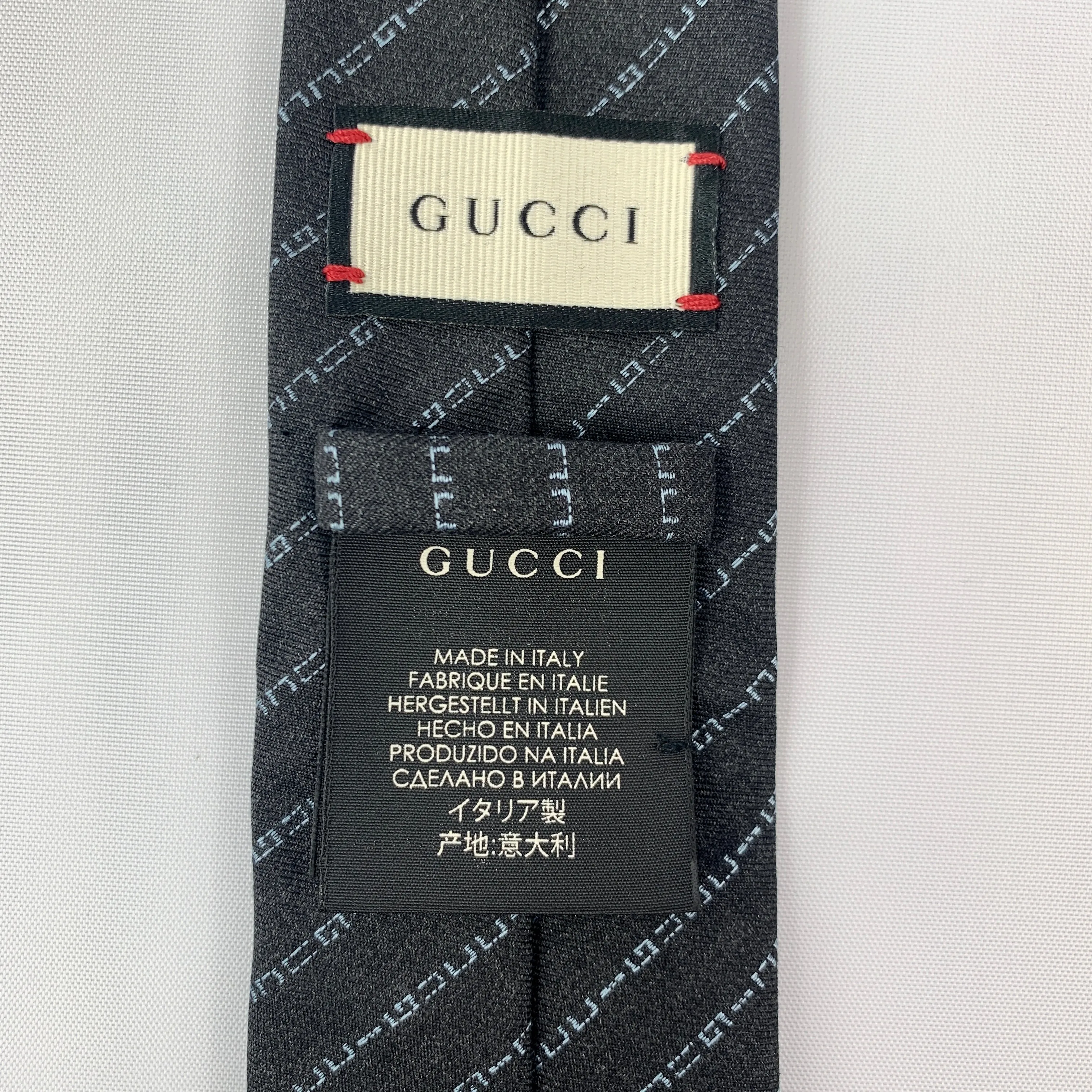 Gucci Wool Barber Tie with Logo in Graphite and Sky Blue