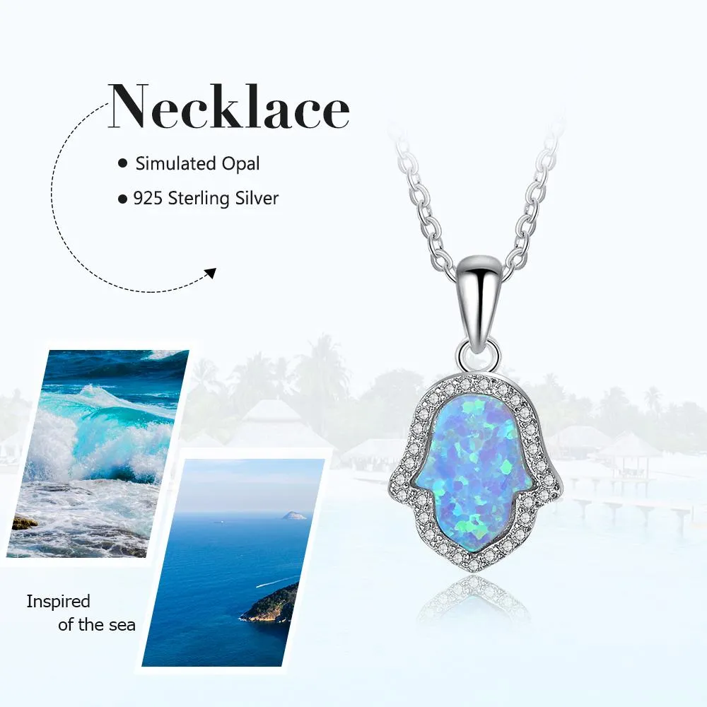 Hamasa Hand Shape Opal Stone Ocean Style Jewelry 925 Sterling Silver Necklace & Pendants Lucky Gift Amulet