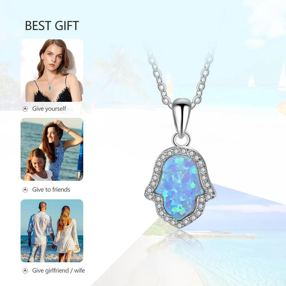 Hamasa Hand Shape Opal Stone Ocean Style Jewelry 925 Sterling Silver Necklace & Pendants Lucky Gift Amulet