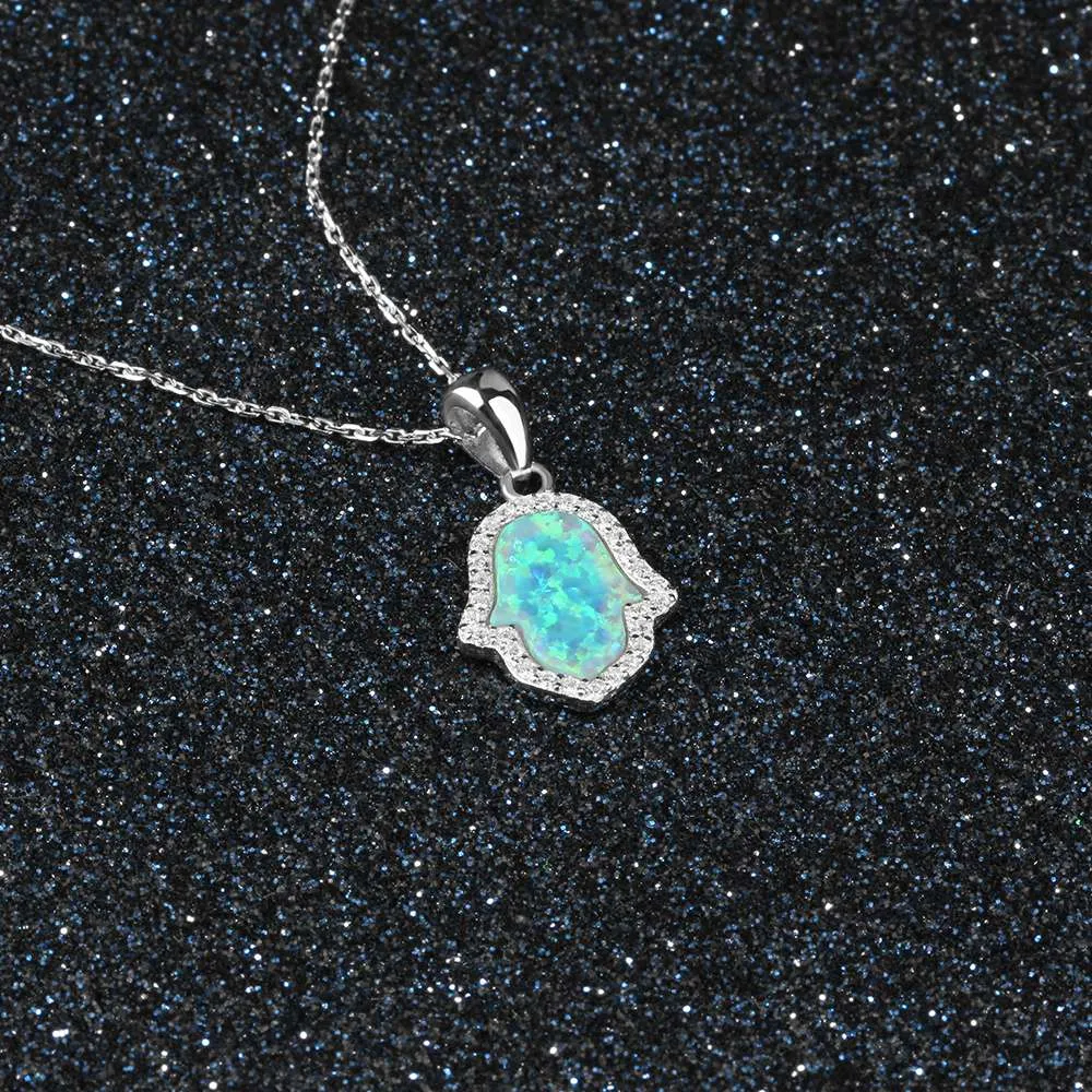 Hamasa Hand Shape Opal Stone Ocean Style Jewelry 925 Sterling Silver Necklace & Pendants Lucky Gift Amulet