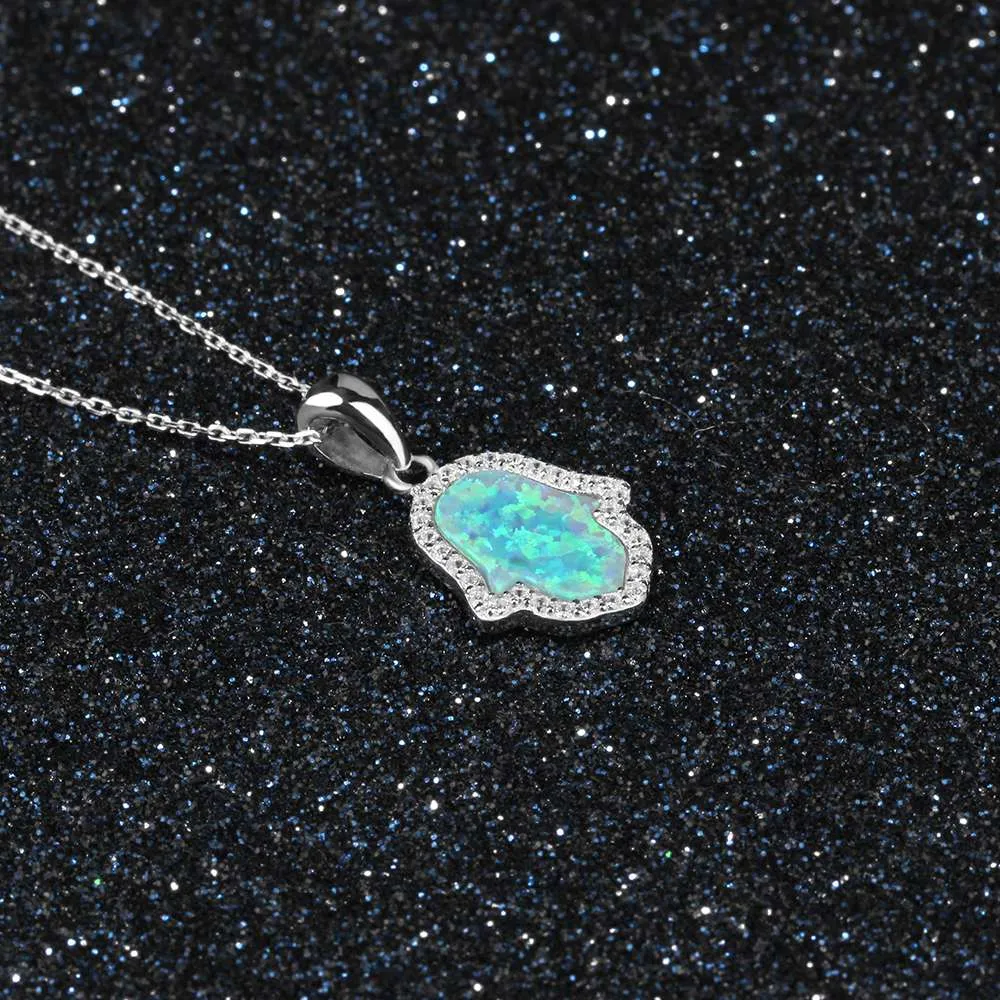 Hamasa Hand Shape Opal Stone Ocean Style Jewelry 925 Sterling Silver Necklace & Pendants Lucky Gift Amulet
