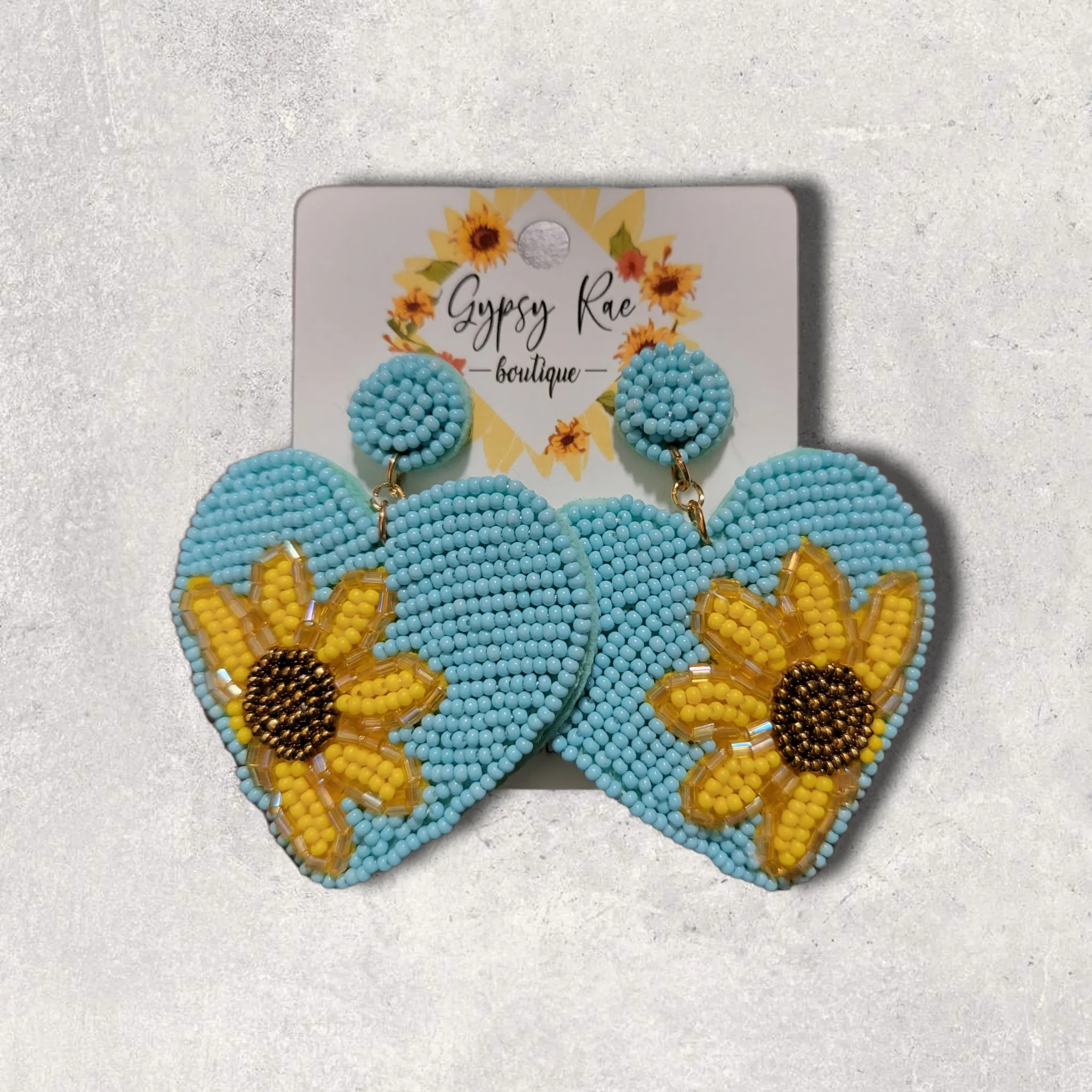 Heart Sunflower Hand Beaded Earrings