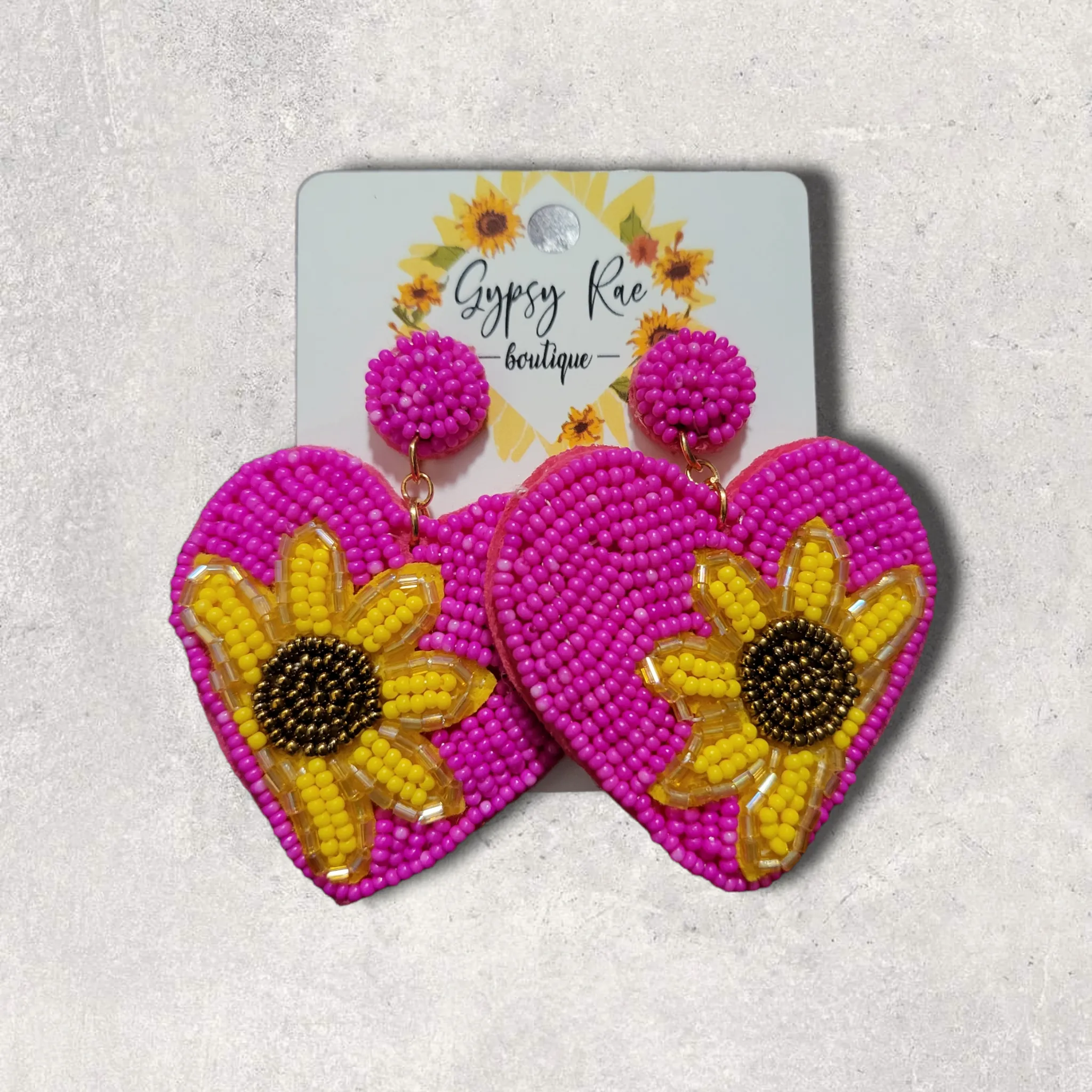 Heart Sunflower Hand Beaded Earrings