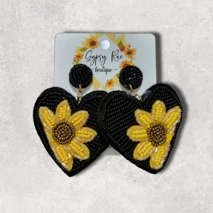 Heart Sunflower Hand Beaded Earrings