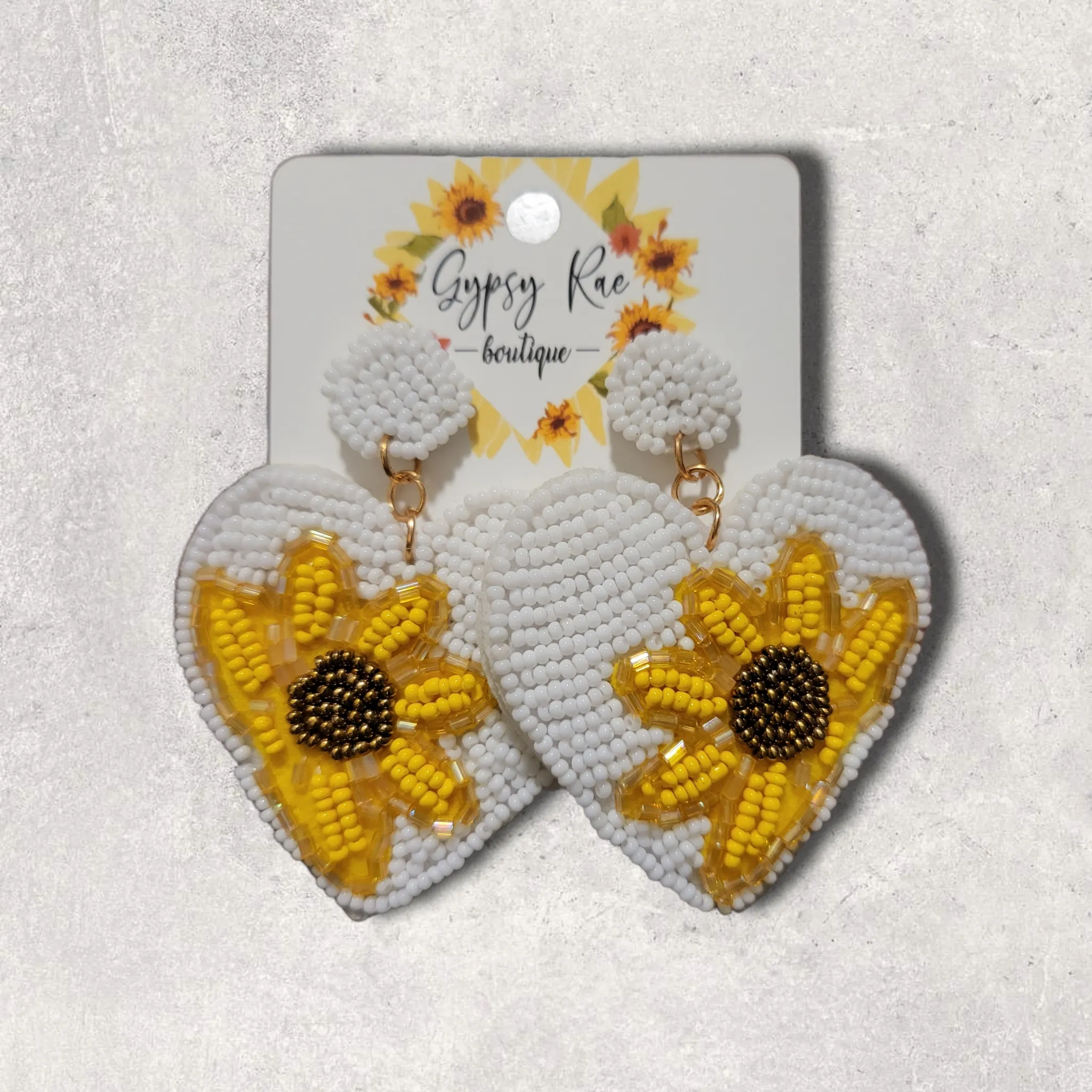 Heart Sunflower Hand Beaded Earrings