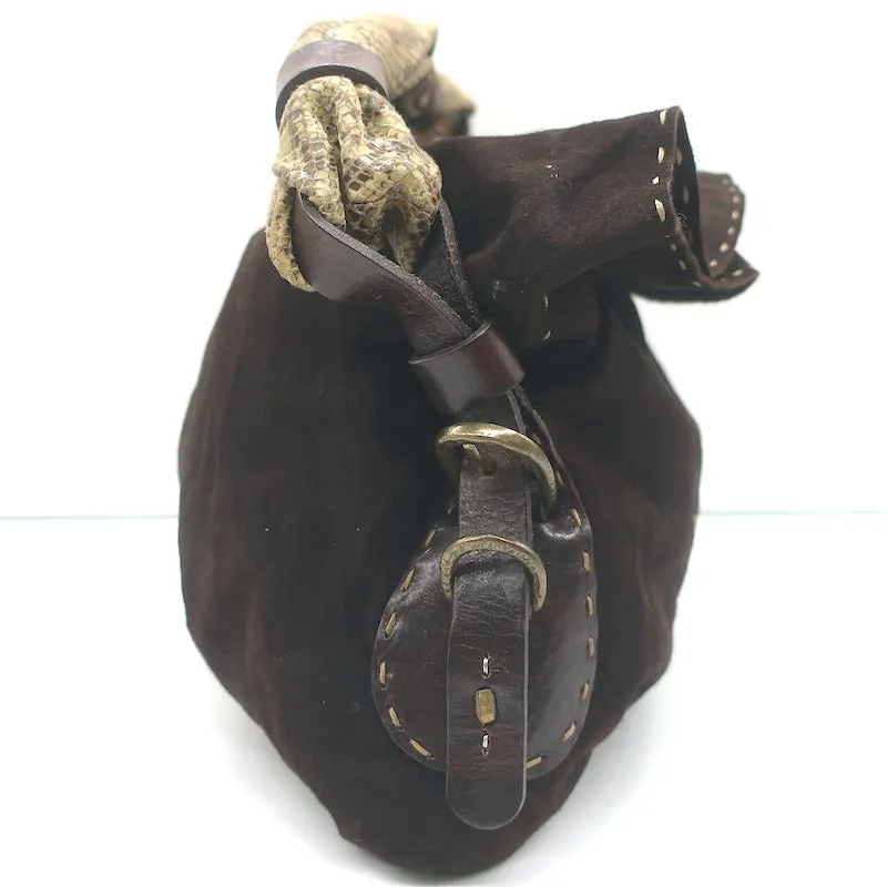 Henry Beguelin Snakeskin-Strap Hobo Dark Brown Suede Small Shoulder Bag