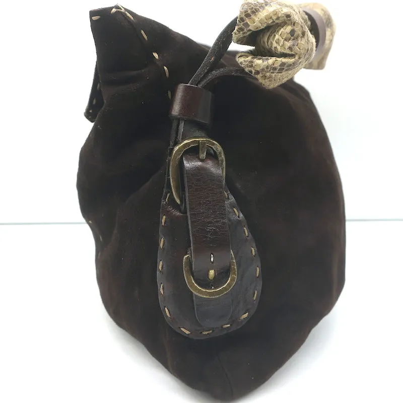 Henry Beguelin Snakeskin-Strap Hobo Dark Brown Suede Small Shoulder Bag