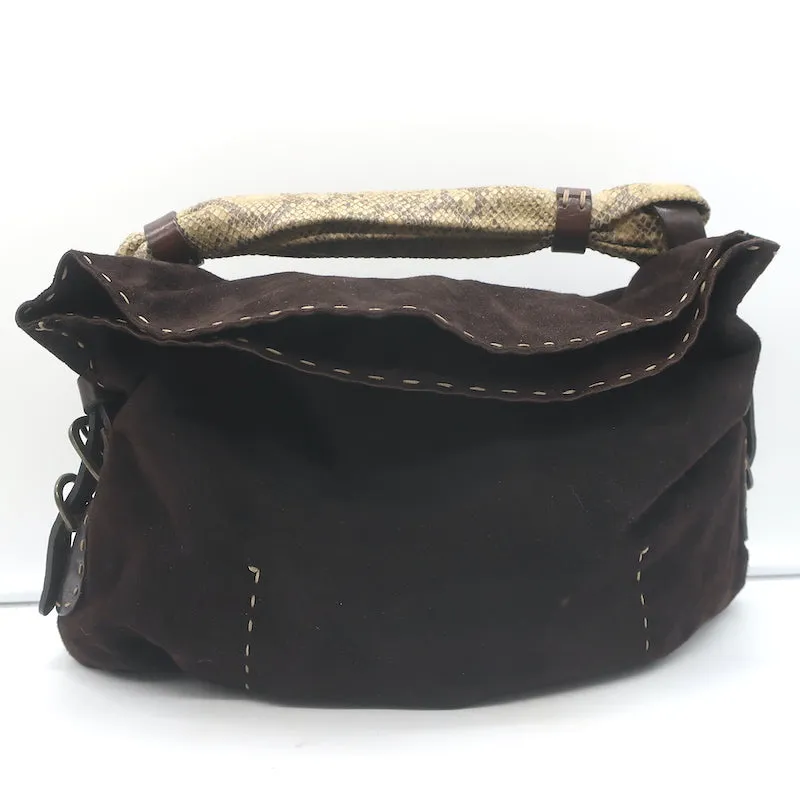 Henry Beguelin Snakeskin-Strap Hobo Dark Brown Suede Small Shoulder Bag