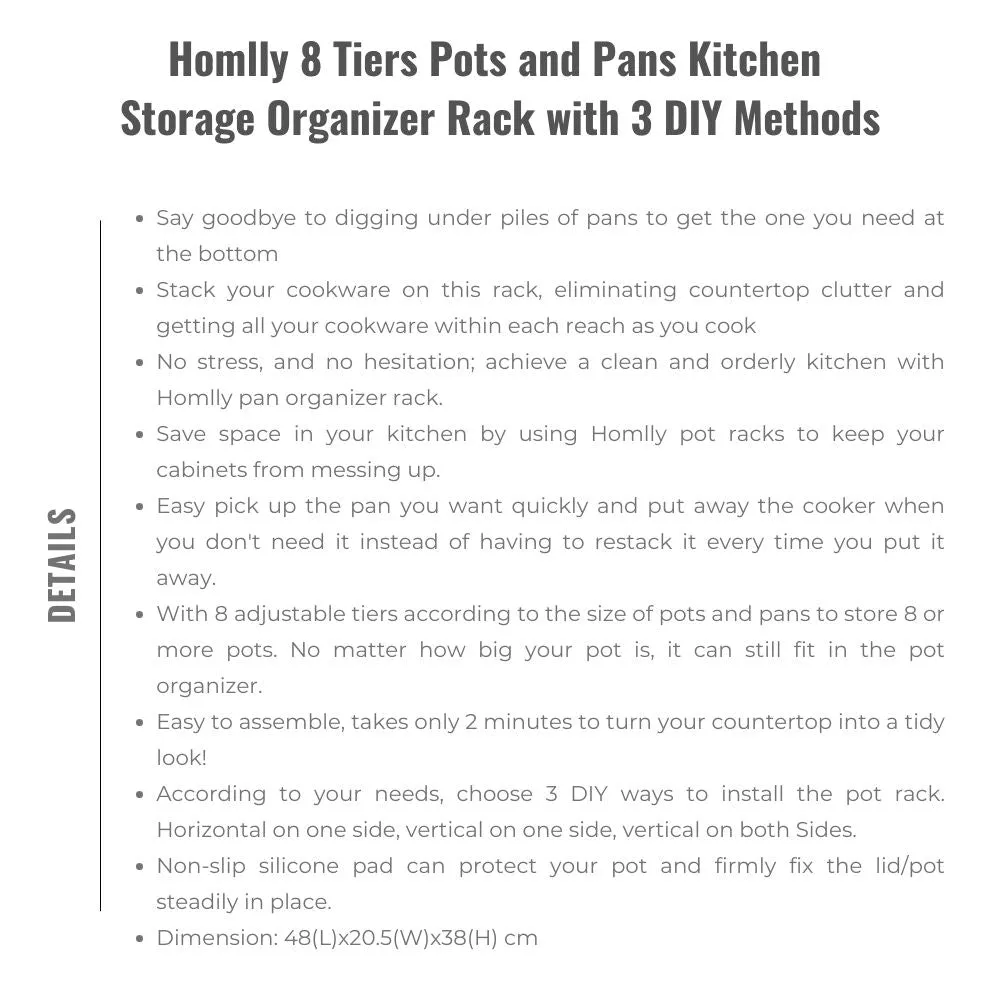 Homlly 8 Tiers Pots and Pans Kitchen Storage Organizer Rack with 3 DIY Methods