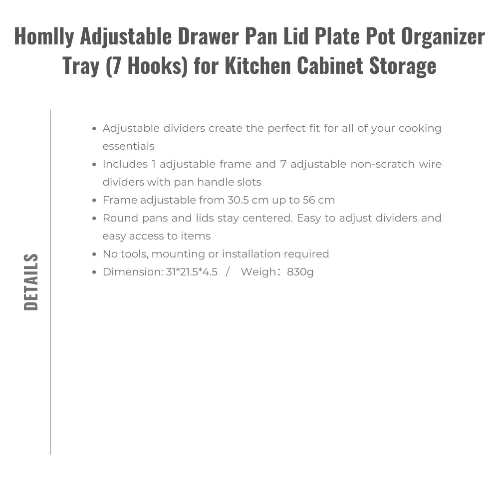 Homlly Adjustable Drawer Pan Lid Plate Pot Organizer Tray (7 Hooks) for Kitchen Cabinet Storage