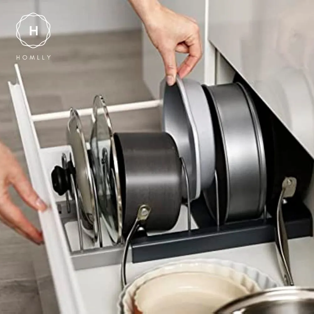 Homlly Adjustable Drawer Pan Lid Plate Pot Organizer Tray (7 Hooks) for Kitchen Cabinet Storage